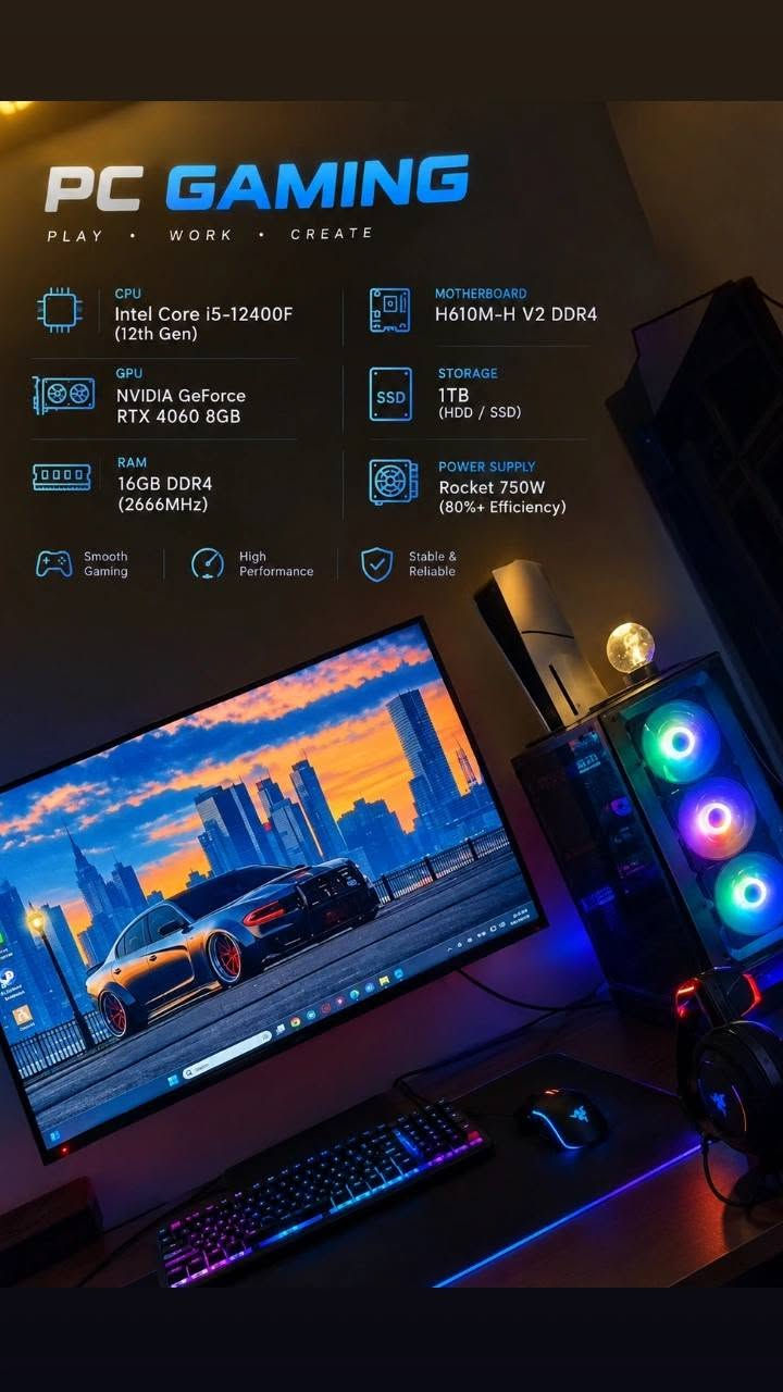 للبيع تواصل ***********

نص مكتوب في الصور:
- logitech G
- Logitech G923
- دركسون + كير + دواسات
- PC GAMING PLAY . WORK . CREATE CPU Intel Core i5-12400F (12th Gen) MOTHERBOARD H610M-H V2 DDR4 GPU NVIDIA GeForce RTX 4060 8GB STORAGE 1TB (HDD / SSD) RAM 16GB DDR4 (2666MHz) POWER SUPPLY Rocket 750W (80%+ Efficiency) Smooth Gaming High Performance Stable & Reliable
