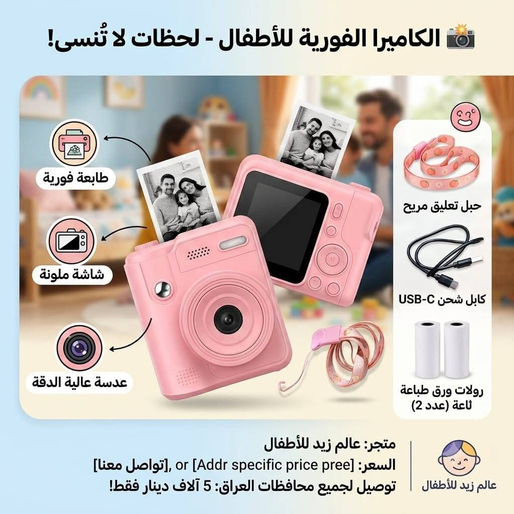 📸 ذكريات طفلك تستحق أن تبقى للأبد! 💖
مع الكاميرا الفورية للأطفال من عالم زيد للأطفال، يلتقط طفلك صوره ويطبعها فورًا خلال ثوانٍ.

📦 محتويات كل كاميرا موضحة داخل الصور (وتختلف حسب الموديل).

📍 بغداد | الراشدية | حي القدس.

📲 للطلب والاستفسار:

واتساب:

 https://wa.me/9647726011241

إنستغرام:

 https://www.instagram.com/kids__store9/

🚚 توصيل لجميع محافظات العراق بـ 5,000 د.ع 🤍

نص مكتوب في الصور:
- عالم زيد للأطفال كاميرا فورية للأطفال صور واطبع الذكريات في لحظتها! تصميم آمن وممتع للأطفال تصوير فوري و طباعة سريعة شاشة ملونة 2.4 إنش ألعاب ممتعة مدمجة بطارية قوية قابلة للشحن آمنة ومصممة للأطفال تصوير عالي الجودة مثالية لأعياد الميلاد والمناسبات تأتي مع: تسجل ذكريات طفلك وتطبعها فوراً! تصوير وطباعة فورية هدية مثالية للأطفال سهولة في الاستخدام للتواصل والاستفسار *********** توصيل لجميع محافظات العراق 5,000 دينار kids__store9 kids__store1 عالم زيد للاطفال f
- عالم زيد للأطفال كاميرا فورية للأطفال لحظاتهم.. اطبعها فوراً واحتفظ بها للأبد! تصوير فوري وطباعة سريعة شاشة ملونة 2.4 إنش ألعاب ممتعة مدمجة بطارية قوية قابلة للشحن آمنة ومصممة للأطفال تصوير عali الجودة هدية مثالية لأعياد الميلاد والمناسبات اطبع صورك بلمسة زر! تصوير و طباعة فورية تصميم رائع يجذب الأطفال سهل الاستخدام للاطفال توصيل لجميع محافظات العراق 5,000 دينار فقط للتواصل والاستفسار *********** توصيل لجميع محافظات العراق 5,000 دينار kids__store9 kids__store1 عالم زيد للاطفال
- صمم لمرح لا تنتهي! عالم زيد للأطفال كاميرا فورية للأطفال اطبع صور.. احتفظ بذكرياتك فوراً! تصوير فوري وطباعة سريعة شاشة ملونة 2.0 إنش ألعاب ممتعة مدمجة بطارية قوية قابلة للشحن آمنة ومصممة للأطفال تصوير عالي الجودة اطبع صورك باللمسة زر! هدية مثالية للأعياد والمناسبات محتويات العلبة: 6 ألوان أقلام كارت ذاكرة 32GB حبل تعليق كابل شحن USB 4 رول ورق للطباعة سهولة الاستخدام متعة لا تقاوم! توصيل لجميع محافظات العراق 5,000 دينار فقط للتواصل والاستفسار *********** توصيل لجميع محافظات العراق 5,000 دينار فقط kids__store9 kids__store1 عالم زيد للاطفال
- الكاميرا الفورية للأطفال - لحظات لا تُنسى!
- طابعة فورية
- شاشة ملونة
- عدسة عالية الدقة
- حبل تعليق مريح
- كابل شحن USB-C
- رولات ورق طباعة (عدد 2)
- متجر: عالم زيد للأطفال
- السعر: [Addr specific price pree] or [تواصل معنا]
- عالم زيد للأطفال توصيل لجميع محافظات العراق: 5 آلاف دينار فقط!
- التقاط وطباعة اللحظات في ثوان!
- كاميرا رقمية عالية الدقة
- بطاقة TF لسهولة التخزين والتحميل
- شاشة عرض ملونة لمراجعة الصور
- حبل تعليق ملون
- رول طباعة (عدد 2)
- کابل شحن USB-C
- متعددة الألوان! (الأزرق، الوردي)
- السعر: [price pree]
- عالم زيد للأطفال توصيل لجميع محافظات
- عالم زيد للأطفال - الكاميرا الفورية للأطفال ذكريات تطبع فوراً .. وتبقى للأبد! تصميم آمن للأطفال مميزات الكاميرا طباعة فورية بدون حبر شاشة ملونة 2.4 بوصة كاميرا أمامية بدقة عالية بطارية قابلة للشحن ألعاب مدمجة للترفيه آمنة وسهلة الاستخدام محتويات العبوة كابل شحن USB حبل تعليق للكاميرا 6 ألوان فلوماستر 3 رول طباعة فورية حبل تعليق مميز للأطفال هدية مثالية لطفلك ! لتوثيق أجمل لحظاته بطريقة ممتعة وآمنة عالم زيد للأطفال توصيل لجميع محافظات العراق 5,000 دينار فقط كل ما يحتاجه طفلك ... في مكان واحد
- عالم زيد للأطفال الكاميرا الفورية للأطفال ذكريات تُطبع فوراً .. وتبقى للأبد! تصميم لطيف وآمن للأطفال محتويات العبوة كابل شحن USB حبل تعليق للكاميرا 6 ألوان فلوماستر 3 رول طباعة فورية هدية مثالية لطفلك! لتوثيق أجمل لحظاته بطريقة ممتعة وآمنة طباعة فورية بدون حبر شاشة ملونة 2.4 بوصة كاميرا أمامية بدقة عالية بطارية قابلة للشحن ألعاب مدمجة للترفيه آمنة وسهلة الاستخدام عالم زيد للأطفال توصيل لجميع محافظات العراق 5,000 دينار فقط كل ما يحتاجه طفلك... في مكان واحد