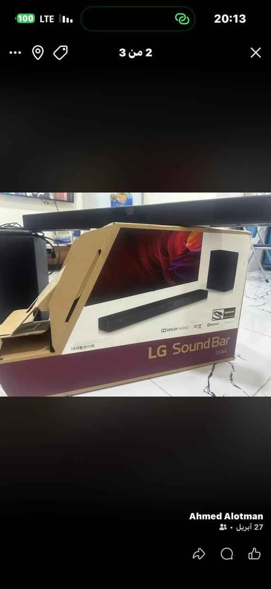 📢 للبيع: ساوند بار LG (نظام مسرح منزلي) بحالة ممتاز جديد!لكل محبي الأفلام والمباريات والألعاب، ينربط شاشة وبلي وحاسبة ويدعم بلوتوث وكامل المواصفات إذا تريد تحول صالة بيتك لسينما وبأقوى صوت وبسعر مناسب، هذا الجهاز إلك.المواصفات والمميزات:الماركة: LG (الغنية عن التعريف).الموديل: LG Sound Bar SN4 / DSN4.القوة الصوتية: 300 واط (صوت حقيقي، قوي جداً وصافي).مضخم الصوت (Subwoofer): لاسلكي بالكامل، يعطيك بيس (Bass) زلزال للمؤثرات والأفلام بدون هوسة وايرات بالصالة.تقنية AI Sound Pro: يتعرف تلقائياً على الشيء اللي تشغله (فيلم، مباراة، أخبار) ويعدل الصوت حتى يطلع بأفضل وضوح.تقنية DTS Virtual:X: يوزع الصوت بشكل محيطي يخليك تعيش داخل الفيلم.طرق التوصيل: يدعم البلوتوث (تشغل من موبايلك مباشرة)، ومنفذ HDMI ARC (يشتغل ويطفى مع ريموت التلفزيون تلقائياً)، والمدخل البصري Optical، وفلاش USB.حالة الجهاز: نظيف جداً وأخو الجديد، شغال 100% وبدون أي مشاكل أو عيوب.🛑 السعر: [350 الف] (قابل للتفاوض البسيط للشراي الصامل).📍 الموقع: [البصرة الجزيرة]للتواصل والاستفسار، يرجى مراسلتي على الخاص أو الاتصال على الرقم: [***********] البصرة, العراق

نص مكتوب في الصور:
- 100
- LTE
- 20:13
- 3 من 3
- Ahmed Alotman
- 27 أبريل
- 1
- 1 من 3
- 27 أبريل • 👥
- سيستم
- 100 LTE 20:13 2 من 3 Ahmed Alotman 27 أبريل