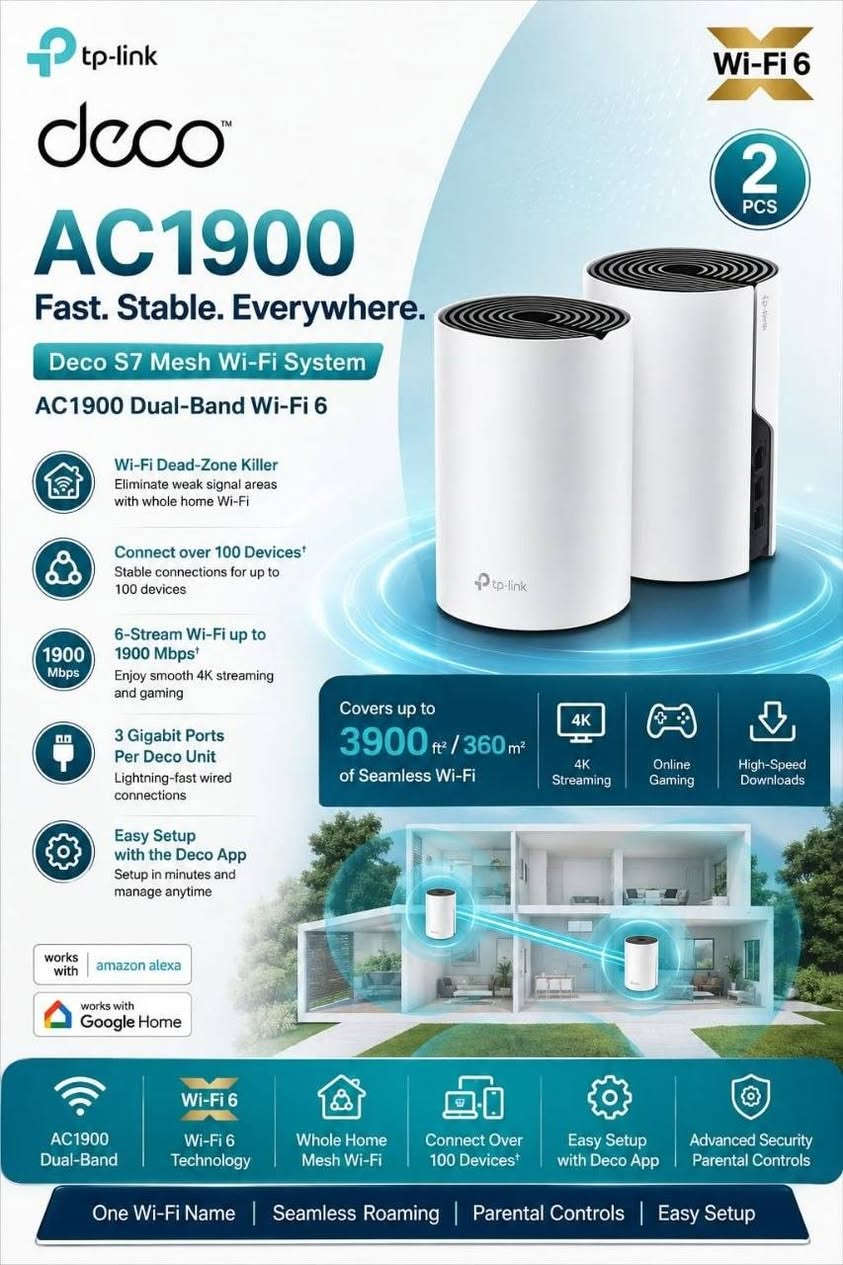 مشات   ديكوا من تيبلنك جميع الموديلات
موديل ax3000wifi6 ثلاث قطع 

موديلs7قطعة قطعتين ثلاث قطع 

موديلM4قطعة قطعتين ثلاث قطع 

موديلE4قطع قطعتين ثلاث قطع 

متوفر جملة ومفرد

📞 للحجز والاستفسار
مراسلة الصفحة أو التواصل على:واتساب مراسلة فقط 
***********9

📍 العنوان: بغداد – شارع الصناعة
قرب الجامعة التكنولوجية
مقابل مطعم صاج الريف

#انترنت #اجهزة_انترنت #شبكات #شبكات_انترنت #راوتر #راوترات #راوترات_انترنت #واي_فاي #وايفاي #Wifi #WiFi6 #WiFi7 #TPLink #Cudy #Mercusys #Tenda #Huawei #ONU #ONT #Fiber #فايبر #الياف_بصرية #شبكات_فايبر #انترنت_فايبر #معدات_شبكات #مستلزمات_شبكات #اجهزة_شبكات #سويتش #AccessPoint #مودم #مودمات #اكسباندر #مقويات_واي_فاي #مقوي_شبكة #اجهزة_اتصالات #اتصالات #تجهيزات_شبكات #تجهيز_انترنت #انترنت_
