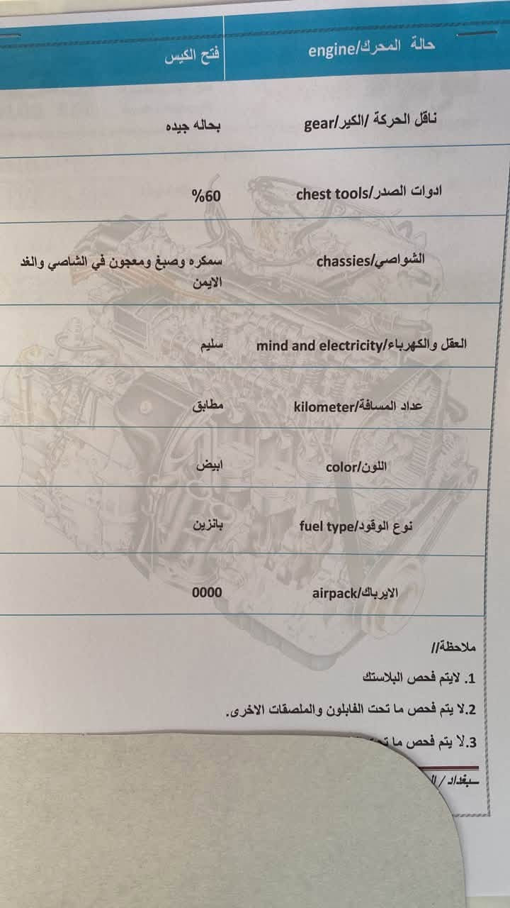 سلام عليكم سوناتا 2010خليجي محرك 2400كير خمس نمر تخم تاير تبريد شغال مرفق بقاي لاحداث سونار مع صور ***********

نص مكتوب في الصور:
- ورش السيارات الفني باحدث الاجهزة
- الصبغ والمعجون
- لتبديل والسمكرة
- لمحرك والكير
- بأدارة : عدي القيسي ***********
- مصطفى العبادي ***********
- 2010 model// الموديل
- 2026/9/28 examination date// تاريخ الفحص
- 2:30 م time examination// وقت الفحص
- ضحى حسن name// اسم
- سوناتا car type// السيارة
- 2754 بغداد car number// السيارة
- ملاحظة // نخلي كامل مسؤوليتنا بعد فحص السيارة وتسليم التقرير الى الزبون
- الملاحظات notes
- الجانب الامامي / صبغ ومعجون وتبديل محدد
- بارد
- معجون
- تبديل
- صبغ
- كلير
- بغداد / اليوسفية / الشارع العام / مقابل معارض اليوسفية
- حالة المحرك/engine
- فتح الكيس
- ناقل الحركة/الكير/gear
- بحاله جيده
- ادوات الصدر/chest tools
- 60%
- الشواصي/chassies
- سمكره وصبغ ومعجون في الشاصي والغذ الايمن
- العقل والكهرباء/mind and electricity
- سليم
- عداد المسافه/kilometer
- مطابق
- اللون/color
- ابيض
- نوع الوقود/fuel type
- بانزين
- الاييرباك/airpack
- 0000
- ملاحظه//
- 1. لايتم فحص البلاستك
- 2. لا يتم فحص ما تحت الفابلون والملصقات الاخرى.
- 3. لا يتم فحص ما ت...
- بغداد //
- فحص السيارات الفني باحدث الاجهزة الصبغ والمعجون التبديل والسمكرة لمحرك وكير بإدارة : عدي القيسي *********** مصطفى العبادي *********** name// ضحى حسن model// الموديل 2010 type car// سوناتا date// تاريخ الفحص 2026/9/28 examination time// وقت الفحص 2:30 م car number// السيارة 2754 بغداد examination ملاحظة// نخلي كامل مسؤوليتنا بعد فحص السيارة وتسليم التقرير الى الزبون notes// الملاحظات الجانب الامامي / صبغ ومعجون وتبديل محدد بارد معجون تبديل صبغ كلي بغداد/اليوسفية/الشارع العام/مقابل معارض اليوسفية