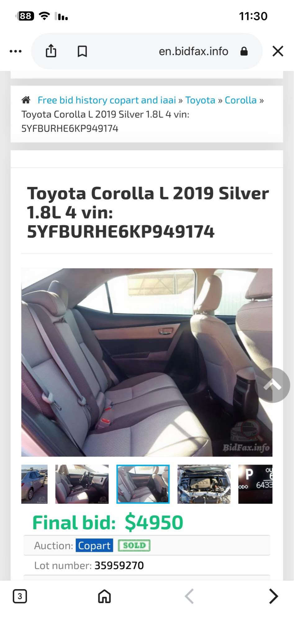 كورلا 2019
بدون تبديل اي قطعه 
بدون صبخ
فقط تعديل 10 سم حافته بونيد موضح بالصور ضرر
رادار وحجر بيه موجود
كركوك
السعر 135
بطاقه بانزين موجود
*********** كركوك, العراق

نص مكتوب في الصور:
- 11:29 Google Maps price is $3238 Free bid history copart and iaai » Toyota » Corolla » Toyota Corolla L 2019 Silver 1.8L 4 vin: 5YFBURHE6KP949174 Toyota Corolla L 2019 Silver 1.8L 4 vin: 5YFBURHE6KP949174 OUTSIDE 64°F 64333 miles Final bid: $4950 Auction: Copart SOLD Lot number: 35959270 Date of sale: 24.06.2020 Year: 2019 VIN: 5YFBURHE6KP949174
- Free bid history copart and iaai 0 Toyota 0 Corolla 0 Toyota Corolla L 2019 Silver 1.8L 4 vin: 5YFBURHE6KP949174 Toyota Corolla L 2019 Silver 1.8L 4 vin: 5YFBURHE6KP949174 OUTSIDE 64°F 64333 miles Final bid: $4950 Auction: Copart SOLD Lot number: 35959270
- Free bid history copart and iaai » Toyota » Corolla » Toyota Corolla L 2019 Silver 1.8L 4 vin: 5YFBURHE6KP949174 Toyota Corolla L 2019 Silver 1.8L 4 vin: 5YFBURHE6KP949174 Final bid: $4950 Auction: Copart SOLD Lot number: 35959270