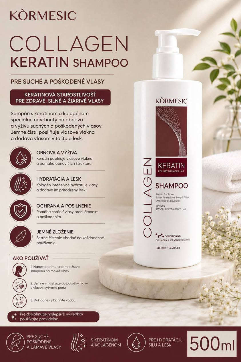 بكج العناية بالشعر ♥️♥️

نص مكتوب في الصور:
- بكج عناية وحيوية الشعر
- KÖRMESIC BOTOX KERATIN BOTOX KERATIN HAIR MASK Damage Hair Repair Treatment For Damaged & Dry & Frizzy Hair Botox Keratin Collagen 33.82 fl. oz. 1000ml BEFORE AFTER
- KÒRMESIC COLLAGEN KERATIN SHAMPOO PRE SUCHÉ A POŠKODENÉ VLASY KERATINOVÁ STAROSTLIVOSŤ PRE ZDRAVÉ, SILNÉ A ŽIARIVÉ VLASY Šampón s keratínom a kolagénom špeciálne navrhnutý na obnovu a výživu suchých a poškodených vlasov. Jemne čistí, posilňuje vlasové vlákna a dodáva vlasom vitalitu a lesk. OBNOVA A VÝŽIVA Keratín posilňuje vlasové vlákna a pomáha obnoviť ich štruktúru. HYDRATÁCIA A LESK Kolagén intenzívne hydratuje vlasy a dodáva im prirodzený lesk. OCHRANA A POSILNENIE Pomáha chrániť vlasy pred lámaním a poškodením. JEMNÉ ZLOŽENIE Šetrné čistenie vhodné na každodenné používanie. AKO POUŽÍVAŤ 1. Naneste primerané množstvo šampónu na mokré vlasy. 2. Jemne vmasírujte do pokožky hlavy a vlasov, vytvorte penu. 3. Dôkladne opláchnite vodou. Pre dosiahnutie najlepších výsledkov používajte pravidelne. PRE SUCHÉ, POŠKODENÉ A LÁMAVÉ VLASY S KERATÍNOM A KOLAGÉNOM PRE HYDRATÁCIU, SILU A LESK 500ml