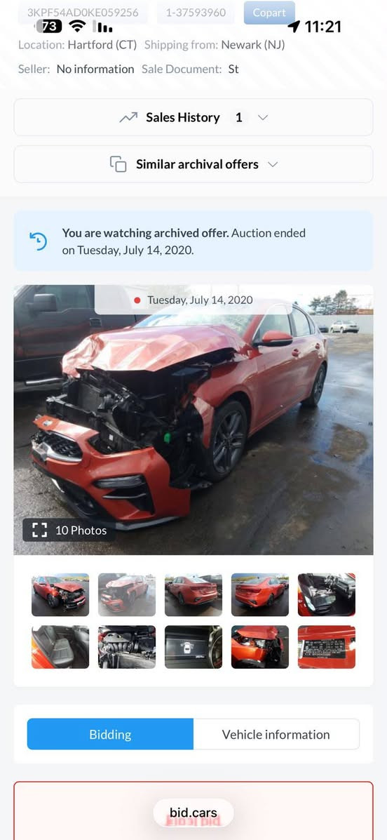 كيا فورتي
الموديل 2019 
اللون المميز مشمشي
الفئه EX اعلى مواصفات (مواصفات خاصه يجي كيرها AT من البلاد رقم الشاصي موجود ادخل واتأكد)
ممشى 118 ميل
حادث بنيد تبديل فقط +بارد الجاملغات 
ملاحضه(البنيد جارد +المكينه خيط بخار)
فتحه 
بصمه
دخول ذكي
رادرات جانبيه 
تحديد مسار 
كشن جلد
الى اخره 
السياره فول الفول 
وسعرها بس128 
تخم تاير ارقام اربيل بأسمي اني تحويل ثاني يوم السياره 
العنوان الانبار فلوجه 
اي استفسار اكثر 
***********
*********** استاذ عمر 
مراوس كورلا هايبرد

نص مكتوب في الصور:
- 3KPF54AD0KE059256 1-37593960 Copart 73 11:21 Location: Hartford (CT) Shipping from: Newark (NJ) Seller: No information Sale Document: St Sales History 1 Similar archival offers You are watching archived offer. Auction ended on Tuesday, July 14, 2020. Tuesday, July 14, 2020 10 Photos Bidding Vehicle information bid.cars
- 3KPF54ADOKE059256 1-37593960 Copart 73 11:21 Location: Hartford (CT) Shipping from: Newark (NJ) Seller: No information Sale Document: St Sales History 1 Similar archival offers You are watching archived offer. Auction ended on Tuesday, July 14, 2020. Tuesday, July 14, 2020 10 Photos Bidding Vehicle information bid.cars