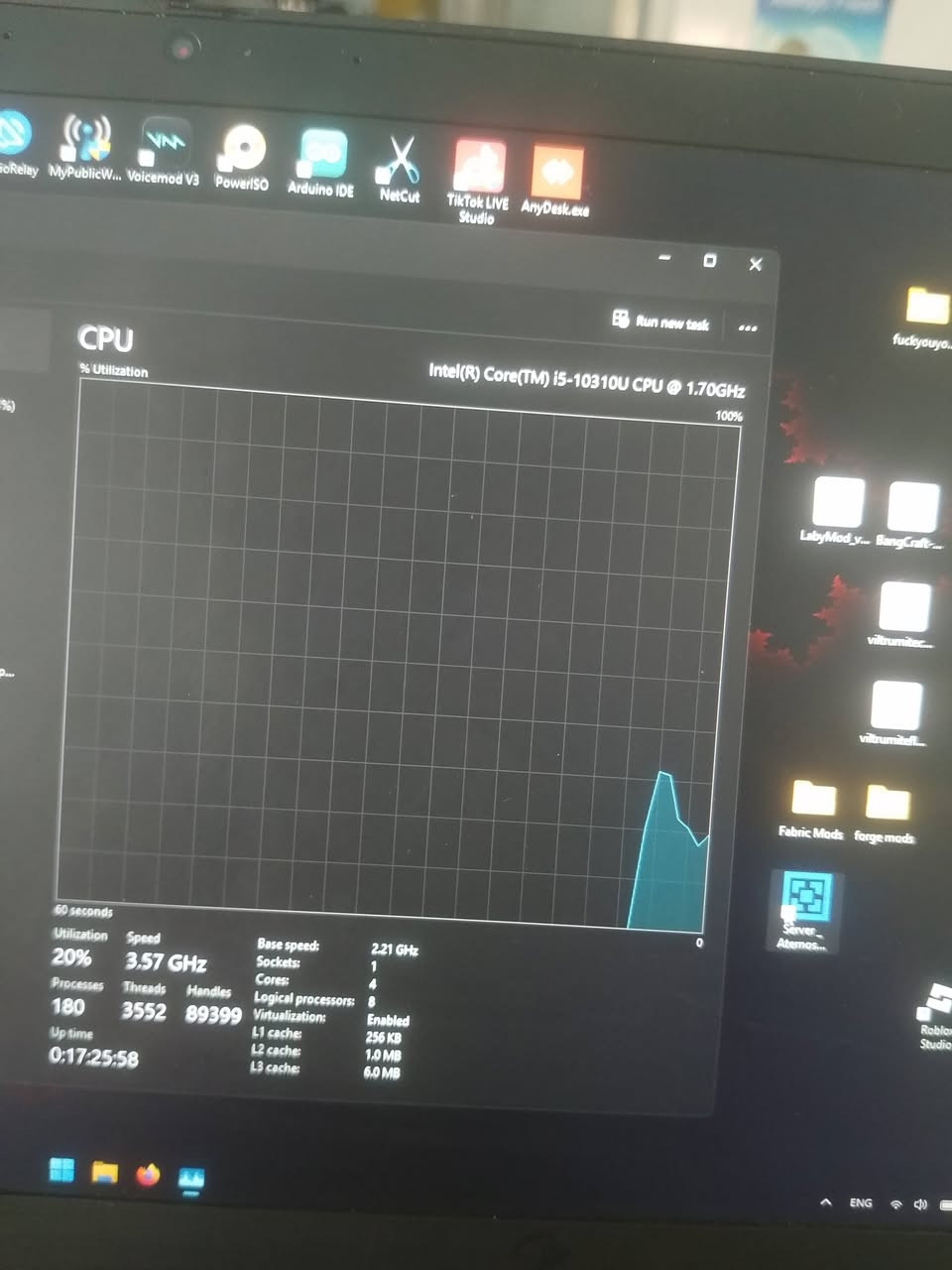 السلام عليكم
لابتوب Lenovo Thinkpad T14S GEN4
المواصفات:
CPU: INTEL CORE I5 جيل العاشر
GPU: INTEL UHD GRAPHICS 8 VRAM
RAM: 16 GB DDR4
STORAGE: 256 SSD NVME
الابتوب مميز و مرتب يجي وياه شاحنه اصليه مال شركه مكفوله و عمر البطاريه 88% نظيف جدا ما مستهلك يطول اكثر من 4 ساعات عل بطاريه حسب الاستعمال الشاشه تنفتح 180 درجه ميزه حلوه
الابتوب يجي وياه ماوس Apedra A9 Gaming Mouse RGB
وياه ايضا ماوس باد Black Raven RGB
الابتوب هذا يفيد الالعاب الخفيفه مثل half life و minecraft و valorant 60 fps يشتغل جيد على ماينكرافت مع المودات
اما للبرامج الهندسيه و البرمجه جدا جدا مميز لا يوجد تاخير في الجهاز بينما ان الجهاز يشتغل في 7.7 ثواني الى 9 ثواني موجود في ال task manager للاستفسار او الشراء راسلني على الواتساب فقط مكاني الديوانيه رقمي ***********
سعر الجهاز510 الف و بيها مجال للاعزاء

نص مكتوب في الصور:
- MyPublicW... Voicemod V3 PowerISO Arduino IDE NetCut TikTok LIVE AnyDesk.exe Studio
- MS
- fuckyouyo...
- GPU
- Intel(R) UHD Graphics
- 3D
- 0%
- Copy
- LabyMod_v... BangCraft-...
- viltrumitec...
- viltrumitefl...
- Video Decode
- Video Processing
- Fabric Mods forge mods
- Shared GPU memory
- 7.9 GB
- Server_ Aternos...
- Utilization
- GPU Memory
- 0.1/7.9 GB
- Temperature
- N/A
- Driver version:
- Driver date:
- DirectX version:
- Physical location:
- 31.0.101.2141
- 3/30/2026
- 12 (FL 12.1)
- PCI bus 0, device 2, function 0
- Roblo
- Studi
- ENG
- 4
- Disk 0 (C:)
- WDC PC SN730 SDBQNTY-256G-1001
- Active time
- 100%
- 60 seconds
- Disk transfer rate
- 100 MB/S
- 60 MB/S
- 87%
- Average response time
- 1.4 ms
- Read speed
- 65.8 MB/s
- Write speed
- 17.3 MB/s
- Capacity:
- Formatted:
- System disk:
- Page file:
- Type:
- 239 GB
- Yes
- SSD (NVMe)
- Run new task
- +
- ...
- LabyMod_v...
- BangCraft...
- viltrumitefi...
- Server Aternos...
- MyPublicW... Voicemod V3 PowerISO Arduino IDE NetCut TikTok LIVE AnyDesk.exe Studio Memory Memory usage 16.0 GB DDR4 15.8 GB 60 seconds 0 Memory composition In use (Compressed) Available Speed: 2667 MT/s 5.4 GB (83.8 MB) 10.4 GB Slots used: 2 of 2 Form factor: SODIMM Committed Cached Hardware reserved: 247 MB 5.1/19.8 GB 2.2 GB Paged pool Non-paged pool 521 MB 390 MB fuckyouyo... LabyMod_v... BangCraft-... viltrumitec... viltrumitefl... Fabric Mods Forge mods Server Aternos... Roblox Studio
- CPU Intel(R) Core(TM) i5-10310U CPU @ 1.70GHz 100% 60 seconds 0 Utilization 20% Speed 3.57 GHz Processes 180 Threads 3552 Handles 89399 Up time 0:17:25:58 Base speed: 2.21 GHz Sockets: 1 Cores: 4 Logical processors: 8 Virtualization: Enabled L1 cache: 256 KB L2 cache: 1.0 MB L3 cache: 6.0 MB