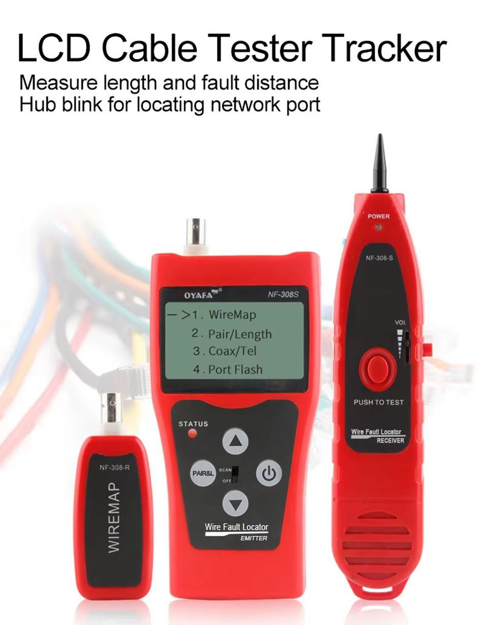 لا توجد تفاصيل

نص مكتوب في الصور:
- LCD Cable Tester Tracker Measure length and fault distance Hub blink for locating network port
- Measure Cable Length and Broken Distance. Range up to 350m, 98% accuracy! Disconnect cable at the far end. Open 12 105.3m Open 36 105.3m Open 45 105.3m Open 78 105.3m Good cable Open 12 105.3m Open 36 105.3m Open 45 30.5m Open 78 105.3m Broken cable
- Polarity testing Test polarity and DC voltage (0.5V-60V)
- Power Adaptor for Supply Power
- DC 9-12V, 500mA~2000mA
- Note: the adaptor is not included in the set.
- Lamp
- Helps work in dark environment
- Package List
- Cable Fault Testing Test open, short, cross,ect. for RJ45, RJ11, BNC cable. Test locally Test with remote