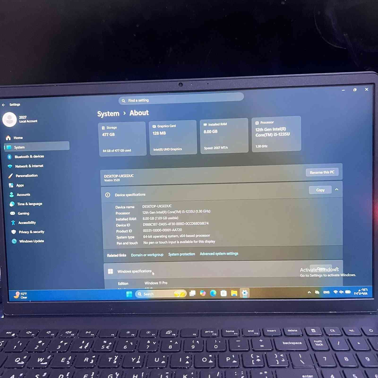 جهاز لابتوب Vostro3520 للبيع
المواصفات
ذاكرة التخزين/512GB
كرت الشاشة الداخلي/128MB
الرام الداخلي/8GB
الجيل/12th
المعالج/Core i5
ويندوز/ W 11 Pro
ملاحظة/الجهاز جديد ونظيف كلش مستعمل استعمال بسيط والاستعمال كان فقط يوتيوب البطارية قوية الشاحنة موجودة ما يحتاج اي شي ولا ناقص اي شي مباشرة للاستخدام ولا يوجد توصيل
السعر _ 650 وبي مجال بسيط
الرقم والعنوان _ عنواني البصرة التنومة حي الجامعة رقمي ***********

نص مكتوب في الصور:
- Settings Find a setting System > About Storage 477 GB 84 GB of 477 GB used Graphics Card 128 MB Intel(R) UHD Graphics Installed RAM 8.00 GB Speed: 2667 MT/s Processor 12th Gen Intel(R) Core(TM) i5-1235U 1.30 GHz 2027 Local Account Home System Bluetooth & devices Network & internet Personalization Apps Accounts Time & language Gaming Accessibility Privacy & security Windows Update DESKTOP-UKSEDUC Vostro 3520 Rename this PC Copy Device specifications Device name DESKTOP-UKSEDUC Processor 12th Gen Intel(R) Core(TM) i5-1235U (1.30 GHz) Installed RAM 8.00 GB (7.69 GB usable) Device ID D988C187-DA95-4F30-B88D-0CCD68D58E74 Product ID 00331-10000-00001-AA720 System type 64-bit operating system, x64-based processor Pen and touch No pen or touch input is available for this display Related links Domain or workgroup System protection Advanced system settings Windows specifications Edition Windows 11 Pro 112°F Clear Search Activate Windows Go to Settings to activate Windows. ENG