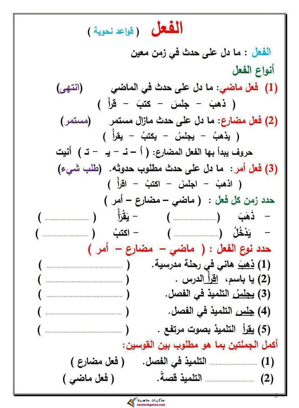 #سادس ابتدائي و #خامس ابتدائي
اساسيات القواعد كل موضوع مع تدريب خاص بيه 
بالتوفيق طلابنا الأعزاء 
عام دراسي جديد مليئ بالنجاح والتفوق 
رح اكون وياكم خطوة بخطوة ان شاء الله لتحقيق أعلى الدرجات 
#ست زهراء العامري 
قناة التليكرام للسادس الابتدائي 
https://t.me/zahrafyad

نص مكتوب في الصور:
- الحرف ( قواعد نحوية )
- الحرف : ما ليس له معنى إلا مع غيره .
- حروف الجر:
- ( مِنْ - على - في - إِلَى - عَنْ - ب - ك - ل )
- ضَع دائرة حول حرف الجر في كل جملة:
- (1) رجع التلاميذ من الرحلة سعداء .
- (2) يكتب التلميذ بالقلم .
- اختر الإجابة الصحيحة مما بين القوسين:
- (1) يدافع الجندي ..................... الوطن . ( على - في - عن )
- (2) سلمت ................................. صديقي . ( على - في - عن )
- (3) ذهب التلميذ ........................ المدرسة. ( على - إلى - عن )
- ضَع خطًا تحت الكلمة المناسبة :
- (1) ذَهَبَ بَاسِمُ صَبَاحًا ( إِلَى - فِي ) المَدْرَسَةِ.
- (2) رَأَى بَاسِمُ وَرْدَةً ( إِلَى - فِي ) الحَدِيقَةِ.
- (3) يَعِيشُ السَّمَكُ ( إِلَى - فِي ) المَاءِ.
- حروف العطف: (1) ( و ): للمشاركة في شيء بلا ترتيب ( معا )
- (2) ( ف ): للترتيب مع السرعة.
- (3) ( ثم ): للترتيب مع التراخي.
- (4) ( أو ): للتخيير.
- و ( مع بعض )
- ف ( ورا بعض بسرعة )
- ثم ( ورا بعض بمدة طويلة)
- أو ( اختار ده أو ده )
- أكمل بحرف عطف ( ثم - ف - و - أو )
- (1) يتوقف مترو الأنفاق ................. يركب الناس سريعا .
- (2) يأتي فصل الصيف ................. فصل الخريف.
- (3) ذهب الصياد ................. أولاده إلى شاطئ النهر مبكرا .
- (4) قال باسم للمعلم: أحب أن أكون طبيبًا ................. مهندسًا.
- مذكرات جاهزة
- mozkratgahza.com
- الفعل ( قواعد نحوية ) الفعل : ما دل على حدث في زمن معين أنواع الفعل (1) فعل ماضي: ما دل على حدث في الماضي (انتهى) ( ذهبَ - جلسَ - كتبَ - قرأَ ) (2) فعل مضارع: ما دل على حدث مازال مستمر (مستمر) ( يذهبُ - يجلسُ - يكتبُ - يقرأُ ) حروف يبدأ بها الفعل المضارع: ( أ - ن - ي - ت ) أنيت (3) فعل أمر : ما دل على حدث مطلوب حدوثه. (طلب شيء) ( اذهبْ - اجلسْ - اكتبْ - اقرأْ ) حدد زمن كل فعل : ( ماضي - مضارع - أمر ) - يقرأُ ) ( ................... ) - ذهبَ ( ................... ) - اكتبْ ( ................... ) - يَدْخُلُ حدد نوع الفعل : ( ماضي - مضارع - أمر ) (1) ذَهَبَ هاني في رحلة مدرسية. ( ................... ) (2) يا باسم، اقرأ الدرس . ( ................... ) (3) يجلسُ التلميذ في الفصل. ( ................... ) (4) جلسَ التلميذ في الفصل. ( ................... ) (5) يقرأُ التلميذ بصوت مرتفع . ( ................... ) أكمل الجملتين بما هو مطلوب بين القوسين: (1) ............................... التلميذ في الفصل. ( فعل مضارع ) (2) ............................... التلميذ قصةً. ( فعل ماضي ) مذكرات جاهزة mozkratgahza.com
- الاسم ( قواعد نحوية )
- (أ) الاسم : ما دل على
- 1- إنسان عمر - سلمى - محمد - أحمد .
- 2- حيوان كلب - أسد - فيل - قرد .
- 3- نبات وردة - شجرة - زهرة - نخلة .
- 4- جماد قلم - كتاب - باب - مدرسة .
- 5- صفة جميل - سريع - بارد - شجاع .
- 6- مكان مصر - القاهرة - مدرسة - حديقة.
- (ب) الحرف مثل : ( حرف جر ) ( حرف عطف )
- ( في - على - من - إلى - عن - ب - ك - ل ) ( و - ف - ثم - أو )
- (ج) الفعل : يدل على حدث في زمن معين : ( ماضي - مضارع - أمر )
- ( ذَهَبَ - يَذْهَبُ - اذْهَبْ )
- صنف الكلمات إلى ( اسم - فعل - حرف )
- الْوَلَدُ - إِلَى - أَسَدُ - ذَهَبَ - فِي
- يَزْرَعُ - اقْرَأ - عَلَى - مِصْرُ
- اسم
- فعل
- حرف
- ميز الكلمة المختلفة
- (1) كتاب - ذهب - سمكة - شجرة.
- (2) الأسد - النمر - في - الفيل.
- المبتدأ والخبر ( المفرد ) الأمثلة : 1- العلم نورٌ . 2- القطارُ سريعٌ . 3- العملُ عبادةٌ . 4- التلميذُ مجدٌّ . - الجملة الاسمية تبدأ بـ ( اسم ) . - الجملة الاسمية لها ركنان ( جزآن ):- مبتدأ: اسم تبدأ به الجملة . - خبر: اسم يخبرنا معلومة عن المبتدأ . - إذا كان المبتدأ أو الخبر مفردأ، فإن علامة الرفع هي ( الضمة ) . حدد المبتدأ والخبر في كل جملة: الجملة المبتدأ الخبر الابنُ بارٌّ. العلمُ نورٌّ. التلميذُ المجدُ محبوبٌ. الشارعُ واسعٌّ. أكمل الجدول التالي بإعراب ما تحته خط وتوضيح علامة الإعراب والسبب الجملة الإعراب علامة الرفع السبب الوردة جميلة. خبر الضمة مفرد السماء صافيةٌ. الشارعُ واسعٌّ. الطريقُ السريعُ مزدحمٌ. أكمل بما بين القوسين: (1) .................... جديدٌ . ( مبتدأ مفرد ) (2) .................... سريعٌ . ( مبتدأ مفرد ) (3) الحديقةُ .................... . ( خبر مفرد ) مذكرات جاهزة mozkratgahza.com