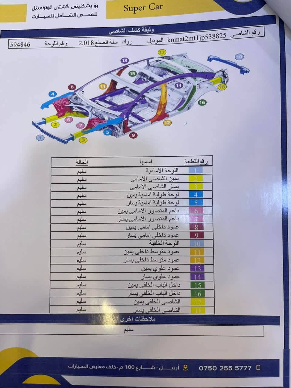 سلام عليكم
نيسان روج موديل 2018

سيارة كلين تايتل مكفولة من الصبغ 

فقط بارد بالباب السكن والوراء 

مواصفات شاشة كامرة حساسات 

ورادار بالمري  سيارة جاهزة من كير محرك صدر تايرات 

سنوية منتهية 

تحويل وكالة حاضرين 

مكلف بالنشر

رقم صاحب السيارة
السعر 135 وبي مجال بسيط

***********

نص مكتوب في الصور:
- بو پشکنینی گشتیی ئۆتۆمۆبیل بۆ الفحص الشامل للسيارت Super Car وثيقة كشف الشاصي رقم الشاصي knmat2mt1jp538825 الموديل روك سنة الصنع 2018 رقم اللوحة 594846 رقم القطعة اسمها الحالة 1 اللوحة الامامية سليم 2 يمين الشاصى الامامى سليم 3 يسار الشاصى الامامى سليم 4 لوحة طولية امامية يمين سليم 5 لوحة طولية امامية يسار سليم 6 داعم المتصور الامامى يمين سليم 7 داعم المتصور الامامى يسار سليم 8 عمود داخلی امامی يمين سليم 9 عمود داخلی امامی يسار سليم 10 اللوحة الخلفية سليم 11 عمود متوسط داخلي يمين سليم 12 عمود متوسط داخلي يسار سليم 13 عمود علوي يمين سليم 14 عمود علوي يسار سليم 15 داخل الباب الخلفى يمين سليم 16 داخل الباب الخلفى يسار سليم 17 الشاصي الخلفي يمين سليم 18 الشاصي الخلفي يسار سليم ملاحظات اخرى سليم *********** أربيل - شارع 100 م - خلف معارض السيارات