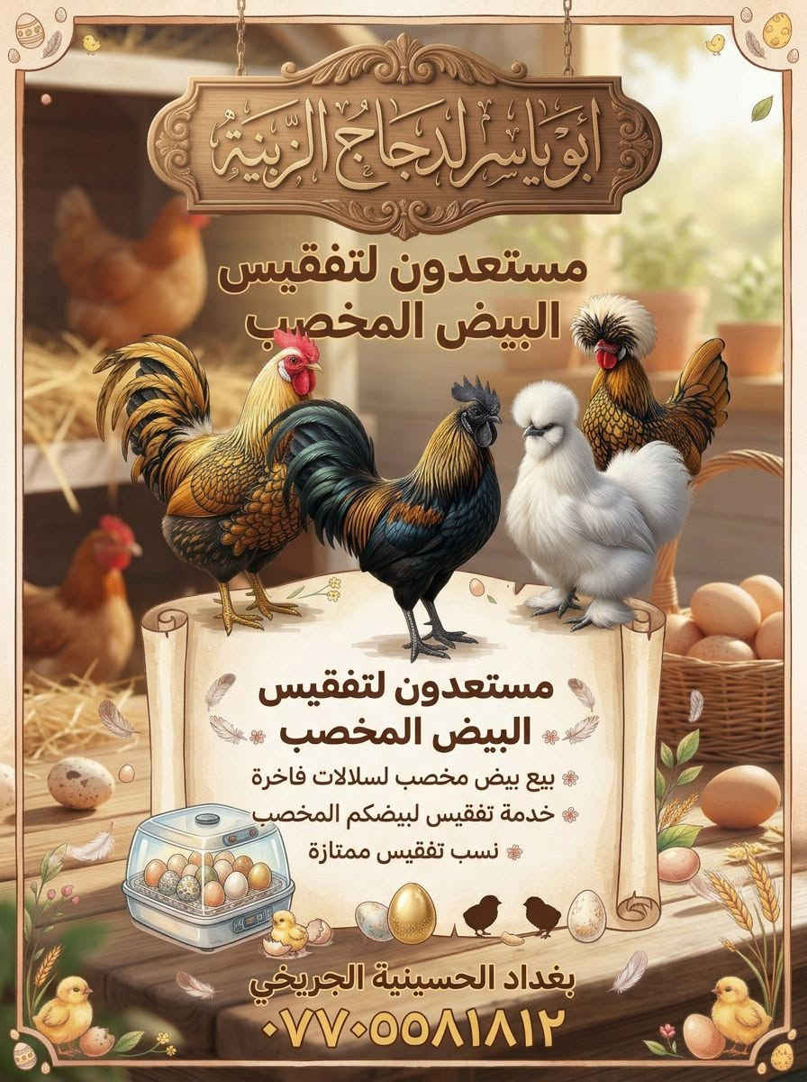 مستعدون تفقيس البيض المخصب لكل الدجاج العرب و الزينه و السمنان
بغداد الحسينية الجريخي
***********
متواجد فيس  و  واتـــســـاب

نص مكتوب في الصور:
- أبو ياسر للدجاج الزينة مستعدون لتفقيس البيض المخصب مستعدون لتفقيس البيض المخصب بيع بيض مخصب لسلالات فاخرة خدمة تفقيس لبيضكم المخصب نسب تفقيس ممتازة بغداد الحسينية الجريخي ***********