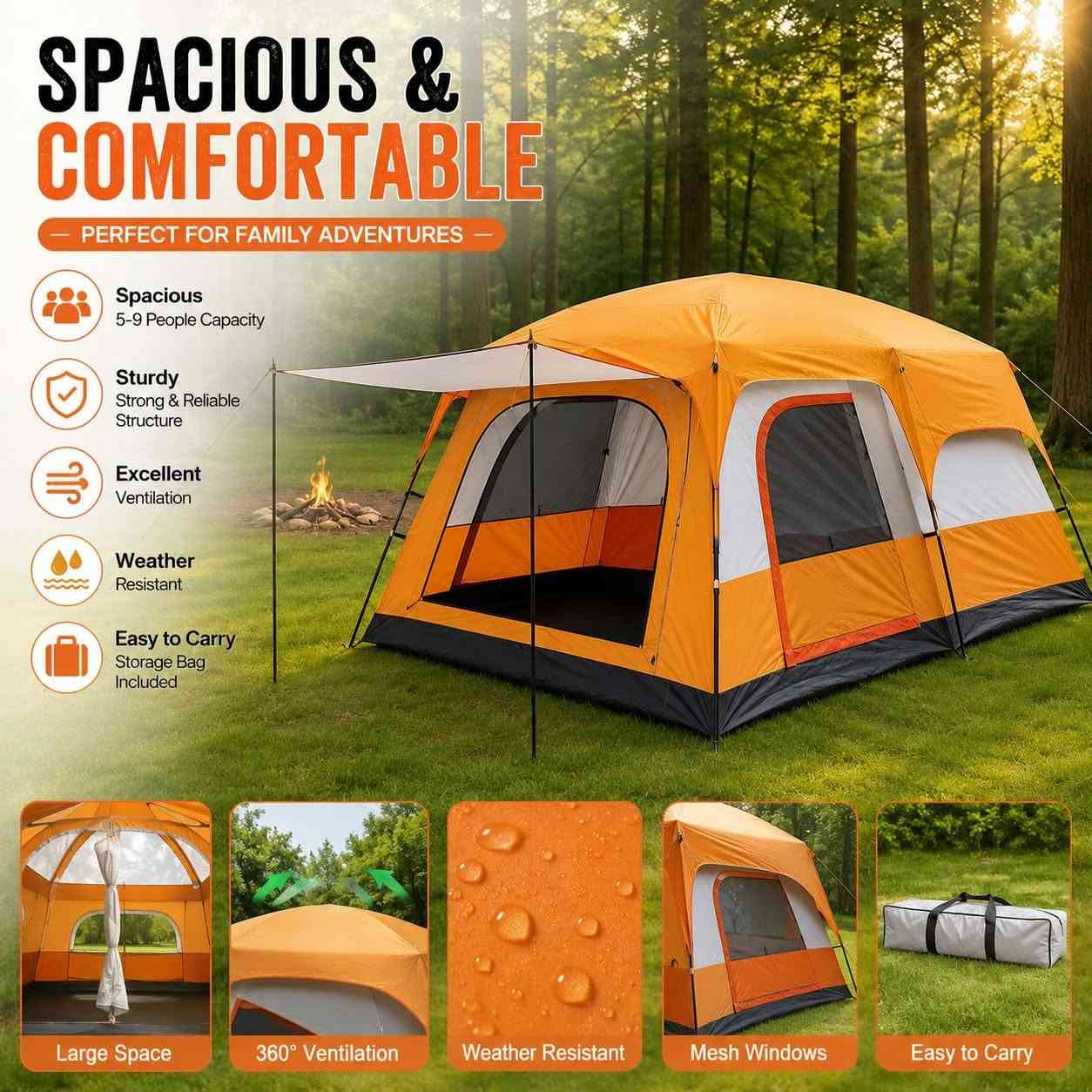 خيمة اوتاد قياسهه 320 في 220 جديده غير مستخدمه السعر 135 الف

نص مكتوب في الصور:
- CAMPING DOME TENT A Yellow Short B Gray diagonal pole C Tent four- corner pole D Middle pole of tent A Tent rail F Door Stay Spacious Interior Excellent Ventilation Sturdy Structure Easy to Carry
- WIND PROTECTION WITH VENTILATION STORAGE BAG 360° VENTILATOR MESH SCREEN
- SPACIOUS & COMFORTABLE - PERFECT FOR FAMILY ADVENTURES - Spacious 5-9 People Capacity Sturdy Strong & Reliable Structure Excellent Ventilation Weather Resistant Easy to Carry Storage Bag Included Large Space 360° Ventilation Weather Resistant Mesh Windows Easy to Carry
- S:320*220*195cm Suitable for 5-8 person