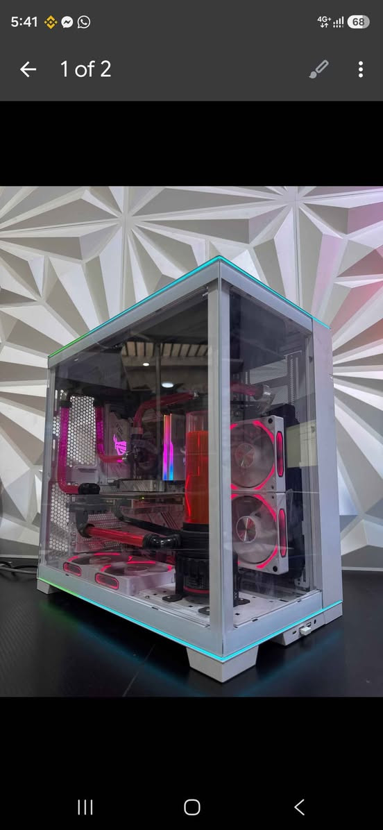 1》GPU● RTX 5080 16gb with alphacool gpu waterblock 
2》CPU●  R7 9800X3D 
3》BORD● ASUS ROG STRIX X870-A gaming wifi 
4》PSU●   msi mag full modler pcie 5.0 A1250w gold 
5》RAM● Gskill Ripjaws 32gb ddr5 6000mhz ddr5 2x16 
6》Hard● 2TB samsung 990 Pro 
7》Cooler●  custom liquid cooling by thermaltake pacific SR 360mm radiator cpu- 240mm radiator gpu 
8》CASE●  lian li o11 Vision full tower

*********** / what'sup كويسينجاك, أربيل

نص مكتوب في الصور:
- 5:41 1 of 2 4G+ 68