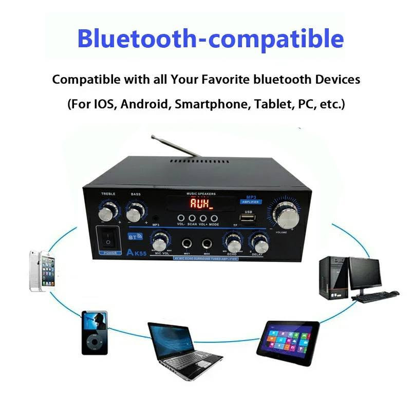40 الف
نبذة باستخدام الذكاء الاصطناعي

الصورة تظهر صندوق مضخم صوت ستيريو رقمي طراز AK55 (Stereo Audio Power Amplifier). [1, 2]

التفاصيل والمواصفات:

الطاقة: يدعم قدرة خرج تصل عادة إلى حوالي 90 واط + 90 واط (أو ما يصل لـ 300 واط كحد أقصى حسب الإصدار).

التقنيات: يدعم اتصال البلوتوث (Bluetooth 5.0)، ومنفذ USB، وبطاقات الذاكرة (TF/SD Card)، وراديو FM.

المميزات: يحتوي على مدخلين للميكروفون، وإمكانية التحكم في الصوت الجهوري (Bass) والصوت الحاد (Treble)، ويأتي مع جهاز تحكم عن بعد.

الاستخدامات: مناسب لأنظمة الصوت المنزلية الصغيرة، الكاريوكي، أو السماعات الاستيريو. [1, 2, 3, 4]

إذا كنت ترغب في معرفة المزيد، أخبرني:

ما هو نوع السماعات أو النظام الذي تخطط لربطه به؟

هل تحتاج إلى مساعدة في طريقة توصيله أو إعدادات التشغيل؟
التواصل خاص او الاتصال على الرقم 
***********
