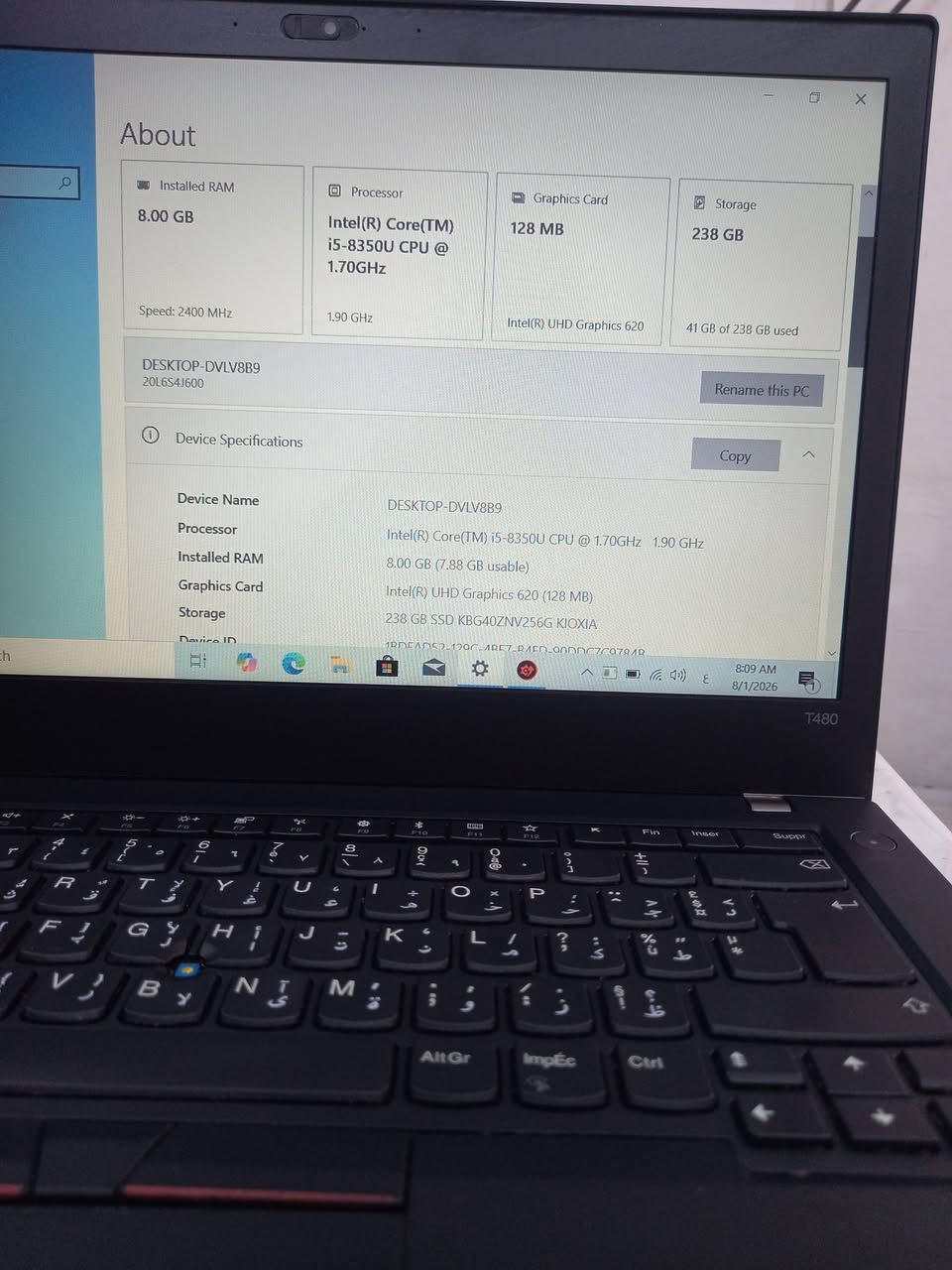 لابتوب  لينوفو T480
الجيل الثامن 
المعالج كور اي 5 الجيل 8
الهارد    256    ssd  m.2
الرام 8.  ddr4 
كارت الشاشة  4  شير 
حجم الشاشة  14 
الشاحنة اصلية 
يحتوي على منفذين  تايب سي للشحن او نقل البيانات
نظام التشغيل ويندوز 10 عربي انكليزي 
الملحقات شاحنة تايب سي اصلية وجنطة 
السعر  225

***********
***********
يوجد توصيل

متوفر 
تتوفر مجموعة لابتوبات بأسعار مناسبة ومواصفات مختلفة
