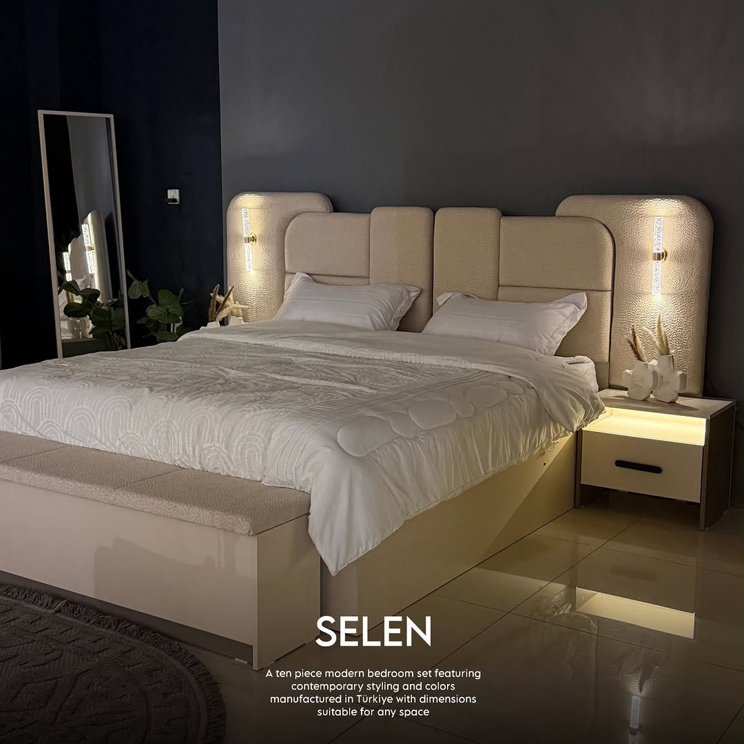

نص مكتوب في الصور:
- SELEN A ten piece modern bedroom set featuring contemporary styling and colors manufactured in Türkiye with dimensions suitable for any space
- SELEN
- A ten piece modern bedroom set featuring
- contemporary styling and colors
- manufactured in Türkiye with dimensions
- suitable for any space
- A ten piece modern bedroom set featuring contemporary styling and colors manufactured in Türkiye with dimensions suitable for any space