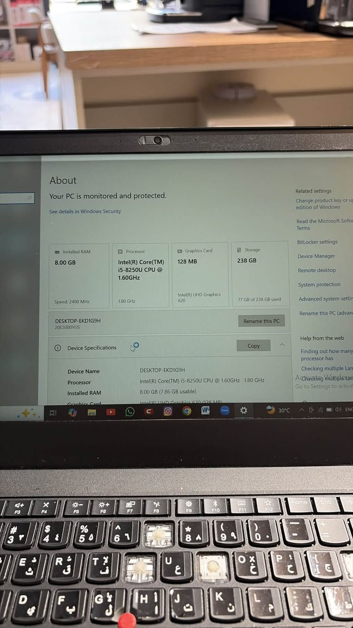 للبيع :لابتوب ThinkPad T480 الجيل الثامن
الذاكرة العشوائية (RAM): 8 جيجابايت (المتاح منها للاستخدام الفعلي هو 7.86GB، وبسرعة 2400MHz).
ذاكرة التخزين (SSD): 256 جيجابايت من نوع NVMe SSD (الشركة المصنعة Toshiba، والمساحة الفعلية الظاهرة للنظام هي 238GB، المتبقي منها فارغ حالياً 161GB).
مواصفات إضافية سريعة:
المعالج: Intel Core i5-8250U.
كرت الشاشة: Intel UHD Graphics 620.
السعر 350,000
العنوان: البصرة الجنينة
رقم الهاتف:***********
