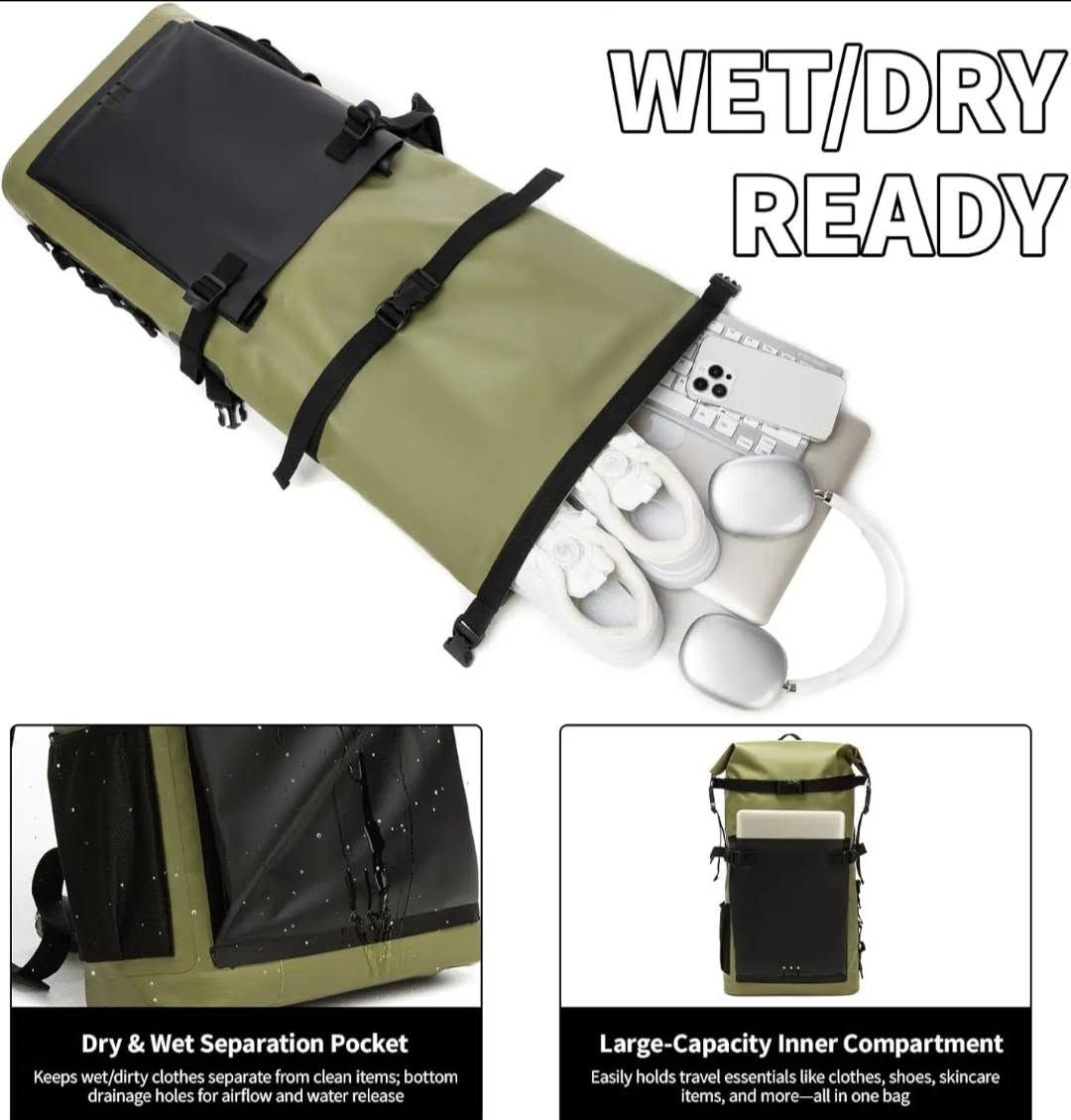 جتطة 25 لتر أوروبى اصلى جديد
25 الف 
توصيل موجود

نص مكتوب في الصور:
- IPX6 Stormproof Waterproof
- Test waterproof performance before use; do not fully submerge!!!
- Adventure-Ready Waterproof Backpack
- Fine Stitching Craftsmanship
- Buckle Style
- Comfort Shoulder Straps
- Side Mesh Pocket
- Multi-Purpose Attachment Straps
- Premium Heat-Sealed Welding
- Product Size Waterproof Material Breathable Comfort Larger Capacity Durable & Tough 60cm/23.6in 14cm/5.5in 32cm/12.6in
- WET/DRY READY
- Dry & Wet Separation Pocket
- Keeps wet/dirty clothes separate from clean items; bottom drainage holes for airflow and water release
- Large-Capacity Inner Compartment
- Easily holds travel essentials like clothes, shoes, skincare items, and more—all in one bag