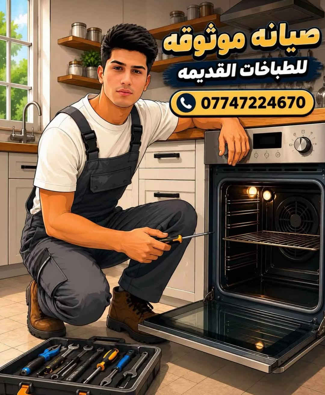 تصليح وتنضيف وادامه كافة انواع الطباخات ++ اشتري جميع الطباخات العاطله و الشغاله
العنوان بعقوبه التحرير 
الهاتف ***********

نص مكتوب في الصور:
- قبل
- بعد
- صيانه موثوقه للطباخات القديمه ***********