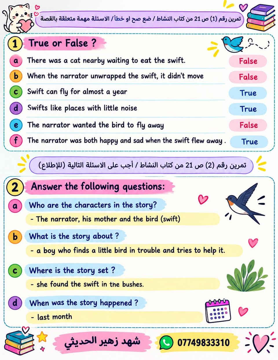اسئلة القطع المطلوبه الوحده الأولى والوحده الثانيه https://t.me/shzu0909
#الاول متوسط 
الست شهد

نص مكتوب في الصور:
- اجوبة اسئلة القطعة على الصفحة 1 What did yassir see from the top of the London Eye ? > He saw snow and white clouds. 2 Was he happy that he went to London eye ? > Yes, he was. Answer the questions. a Who are the characters of the story ? > Yassir, Halla and their parents. b What is the story about ? > about Yassir and his family who went to London eye in New Year's day. C Why were the streets quiet ? > Because the evening before was new year's eve. d What is the name of the last day of the year ? > new year's Eve. e What do people do on this day ? > people hold hands and sing a special song . f Halla asked Yassir if he was frightened. Why didn't he answer ? > because he was frightened. شهد زهير الحديثي ***********
- تمرين رقم (1) ص 21 من كتاب النشاط / ضع صح او خطأ / الاسئلة مهمة متعلقة بالقصة 1 True or False ? a There was a cat nearby waiting to eat the swift. False b When the narrator unwrapped the swift, it didn't move False c Swift can fly for almost a year True d Swifts like places with little noise True e The narrator wanted the bird to fly away False f The narrator was both happy and sad when the swift flew away. True تمرين رقم (2) ص 21 من كتاب النشاط / أجب على الاسئلة التالية (للإطلاع) 2 Answer the following questions: a Who are the characters in the story? - The narrator, his mother and the bird (swift) b What is the story about ? - a boy who finds a little bird in trouble and tries to help it. C Where is the story set ? - she found the swift in the bushes. d When was the story happened ? - last month شهد زهير الحديثي ***********
- Lesson 7 Unit 1 الأول متوسط أحمد وفيصل - Ahmed and Faisal 1 How old is Ahmed? كم عمر أحمد؟ - He is 15 years old. عمره 15 سنة. 2 Does Faisal live in a flat or in a house? هل فيصل يعيش في شقة أم في منزل؟ - He lives in a flat. يعيش في شقة. 3 What time did Ahmad get to Faisal's home? في أي وقت وصل أحمد إلى شقة فيصل؟ - At 2:30. . في الساعة الثانية والنصف 4 Did the boys enjoy the film? هل استمتع الأولاد بالفيلم؟ - No, they didn't. كلا، لم يستمتعوا. 5 What did they do in Central Park? ماذا فعلوا في الحديقة المركزية؟ - They sat under a tree and talked. جلسوا تحت الشجرة وتحدثوا. 6 How many children are there in Ahmed's family? كم طفل يوجد في عائلة أحمد؟ - Three children. ثلاثة أطفال. 7 Will Faisal always live in New York? هل سيبقى فيصل يعيش في نيويورك ؟ - No, he will not. كلا، لن يفعل. 8 How did Ahmad get back to his hotel? كيف عاد أحمد إلى الفندق؟ - He took a taxi. استقل سيارة أجرة. Keep Going Shahad Zuhair 0774983310
- Lesson 7 Unit 1 الأول متوسط
- قطعة الثانية (رسالة من أستراليا) (A letter from Australia)
- 19 Harbour Street,
- Sydney,
- Australia.
- Dear Halla,
- Are you back at school now? I went back last week after a wonderful holiday. I went camping with my family and then I stayed with my friend,
- Jane, for two weeks.
- We had a great time. We often walked in the parks
- and took pictures. One day, we went to the museum.
- Is there one in Baghdad? Sometimes we went to
- the cinema in the evenings, but we usually stayed
- in and watched videos or played games. Everyone
- liked fish, so, for dinner, we often had fish cooked
- on a barbecue. What is your favourite food?
- In my spare time, I like collecting photographs of
- countries around the world. I don't have any of Iraq.
- Can you send me some, please?
- What did you do in the holidays? And what do
- you do in your spare time? Please write and tell
- me everything.
- Bye for now,
- Karen
- 19 شارع الميناء،
- سيدني،
- أستراليا.
- عزيزتي هلا،
- هل عدت إلى المدرسة الآن؟ لقد عدتُ الأسبوع الماضي
- بعد عطلة رائعة. ذهبتُ للتخييم مع عائلي ثم بقيت
- مع صديقتي، جين، لمدة أسبوعين.
- لقد قضبنا وقتاً رائعاً. في أغلب الأحيان كنا نسير في
- الحدائق ونلتقط الصور. في أحد الأيام، ذهينا إلى
- المتحف. هل هناك واحد في بغداد؟ أحياناً كنا نذهب
- إلى السينما في المساء، لكن عادةً كنا نبقى في المنزل
- ونشاهد الفيديوهات أو نلعب الألعاب. الجميع يحب
- السمك، لذلك غالباً كنا نكل السمك المشوي على
- الشواء. ما طعامك المفضل؟
- في وقت فراغي، أحب جمع الصور الفوتوغرافية للبلدان
- جول العالم. ليس لدي أي منها للعراق. هل يمكنك أن
- ترسل لي بعضها، من فضلك؟
- ماذا فعلت في العطلة؟ وماذا تفعلين في وقت فراغك؟
- أرجو أن تكتبي وتخبريني بكل شيء.
- وداعا الآن،
- كارن
- أسئلة وأجوبة القطعة (مترجمة)
- Where does Karen come from?
- من أين أنتِ كاررز؟
- Who is Jane?
- - Karen's friend.
- من هي جين؟
- صديقة كارن.
- What does Karen like to eat?
- - Fish.
- ماذا تحب كارن أن تأكل؟
- السمك.
- What does she do in her spare time?
- - Collects photographs.
- ماذا تفعل في وقت فراغها؟
- تجمع الصور.
- الأسم: شهد زهير
- رقمي: ***********
- 18
- Lesson 6 Different schools مدارس مختلفة يحتوي هذا الدرس على قطعة (مدارس مختلفة) وهي قطعة مطلوبة في الامتحان بالإضافة الى ملاحظات التنقيط Read and answer the question. One afternoon, Yassir was playing in the park. It was December and it was windy. Another boy was playing on a skateboard. He was playing alone. He was not from Iraq. "Hello," said Yassir. "My name's Yassir. Where are you from?" The other boy was from England and his name was Simon. "My father works in Basra," he said. "I'm on holiday here." "On holiday!" said Yassir. "Don't you go to school?" "Yes," said Simon. "But we have holidays now." "Holidays in December!" said Yassir. Simon explained. There are three terms in the school year in England – the autumn term, the spring term and the summer term. The students have two weeks' holiday at Christmas and two weeks' holiday in spring. They also have six weeks' holiday in summer. The school year begins in September. "And we have one week's holiday in the middle of each term. That's called a half-term holiday," Simon added. "What about you?" "We don't have terms. We have semesters. You? We have one holiday at the end of the same time every year. It's for example, for example: holidays are at different times every year. Eid al-Fitr, for example. What's the half-term?" asked Simon. في أحد الأيام، كان ياسر يلعب في الحقيدة. كان الشهر ديسمبر وكان الجو عاصفا. وكان هناك فتى آخر يلعب بلوح التزلج. كان يلعب وحيدا. لم يكن من العراق. قال ياسر: "مرحبا" اسمي ياسر، من أين أنت؟ كان الفتى الآخر من انكلترا واسمه سيمون. قال سيمون "أبي يعمل في البصرة" وأنا في عطلة هنا. قال ياسر "في عطلة؟" ان تذهب للمدرسة؟ قال سيمون "نعم " لكننا الآن في عطلة. قال ياسر "عطلة في شهر ديسمبر؟" وضح سيمون هناك ثلاث فصول في العام الدراسي، في انكلترا: الخريف، الربيع وفصل الصيف. الطلاب لديهم أسبوعان عطلة في عيد رأس السنة، وأسابيع في فصل الربيع. وكذلك ست أسابيع لدينا أسبوع عطلة في منتصف كل ونصل / فصا، ويدعي عطلة نهتنة. وأتميز بطلتينا. عطلون تكون في نفس الوقت من كل عام كعيد الجميل العراقي، سأكون سيمون "جاكو" عيدا هو عيد الفطر؟ تمارين رقم 1 من كتاب النشاط / أجب على الاسئلة باستخدام اجابات قصيرة أسئلة القطعة (للحفظ مهمة جدا) a What season is it? Winter b Who is Simon playing with? Nobody c Who speaks first? Yassir d Who is on holiday? Simon e What are the three parts of the school year in England called? Terms f How many half-term holidays does Simon have in year? Three g How many weeks' holiday does Simon have every year? Thirteen شهد زهير الحديثي ***********