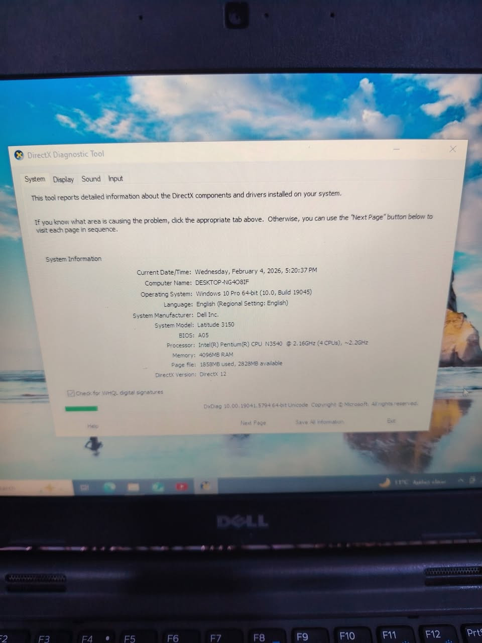 متاح للبيع ديل 3150
***********

نص مكتوب في الصور:
- DirectX Diagnostic Tool
- System Display Sound Input
- This tool reports detailed information about the DirectX components and drivers installed on your system.
- If you know what area is causing the problem, click the appropriate tab above. Otherwise, you can use the "Next Page" button below to visit each page in sequence.
- System Information
- Current Date/Time: Wednesday, February 4, 2026, 5:20:37 PM
- Computer Name: DESKTOP-NG4O8IF
- Operating System: Windows 10 Pro 64-bit (10.0, Build 19045)
- Language: English (Regional Setting: English)
- System Manufacturer: Dell Inc.
- System Model: Latitude 3150
- BIOS: A05
- Processor: Intel(R) Pentium(R) CPU N3540 @ 2.16GHz (4 CPUs), ~2.2GHz
- Memory: 4096MB RAM
- Page file: 1858MB used, 2828MB available
- DirectX Version: DirectX 12
- Check for WHQL digital signatures
- DxDiag 10.00.19041.5794 64-bit Unicode Copyright © Microsoft. All rights reserved.
- Help
- Next Page
- Save All Information
- Exit
- DirectX Diagnostic Tool System Display Sound Input Device Name: Intel(R) HD Graphics Manufacturer: Intel Corporation Chip Type: Intel(R) HD Graphics DAC Type: Internal Device Type: Full Display Device Approx. Total Memory: 1792 MB Display Memory (VRAM): 64 MB Shared Memory: 1728 MB DirectX Features DirectDraw Acceleration: Enabled Direct3D Acceleration: Enabled AGP Texture Acceleration: Enabled Notes No problems found. Drivers Main Driver: igdumdim64.dll,igd10iumd64.dll,igd10i Version: 10.18.10.5129 Date: 1/21/2020 03:00:00 WHQL Logo'd: Yes Direct3D DDI: 11.2 Feature Levels: 11_0,10_1,10_0,9_3,9_2,9_1 Driver Model: WDDM 1.3
- Device
- Drivers
- Name: Speakers / Headphones (Realtek High Definition Audio)
- Hardware ID: HDAUDIO\FUNC_01&VEN_10EC&DEV_0255&SUBSYS_1028
- Manufacturer ID: N/A
- Product ID: N/A
- Type: N/A
- Default Device: Yes
- Name: RTDVHD64.sys
- Version: 6.0.1.6095 (English)
- Date: 11/27/2015 03:00:00
- WHQL Logo'd: Yes
- Other Files:
- Provider: Realtek Semiconductor Corp.
- Notes
- No problems found.