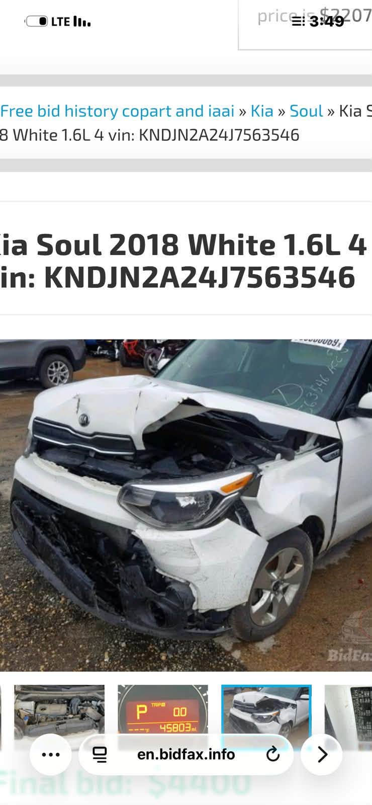 السلام عليكم عندي صول موديل 2018 محرك 1600 لون ابيض رقم سليمانيه ب اسمي مكاني بغداد الامين الثانية البيع بالاقصاد مقدمة 50 ورقه والباقي اقصاد 
حصرآ موظف
***********

نص مكتوب في الصور:
- price: $4407 Free bid history copart and iaai » Kia » Soul » Kia S 8 White 1.6L 4 vin: KNDJN2A24J7563546 ia Soul 2018 White 1.6L 4 in: KNDJN2A24J7563546 en.bidfax.info Final bid: $4400
- price: $2207 Free bid history copart and iaai » Kia » Soul » Kia S 8 White 1.6L 4 vin: KNDJN2A24J7563546 ia Soul 2018 White 1.6L 4 in: KNDJN2A24J7563546 en.bidfax.info Final bid: $4400