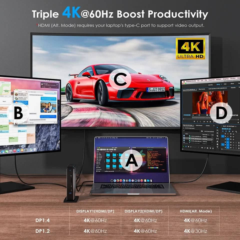 للبيع📢: أقوى قاعدة إرساء شاشات (Docking Station) من شركة WAVLINK العالمية

✨ الموديل الاحترافي: Wavlink USB-C 10G Triple 4K Display (WL-UG63PD13 Pro)

✅دعم 3 شاشات: تكدر تربط حتى 3 شاشات بدقة 4K بوقت واحد (تحتوي على منافذ HDMI و DisplayPort).

✅شحن سريع خارق: تدعم خاصية الـ PD بقوة 100 واط، يعني تشحن اللاب توب مالتك مباشرة من القاعدة بدون الحاجه لشاحن إضافي.

✅نقل بيانات صاروخي: سرعة نقل تصل إلى 10Gbps عبر منافذ USB-C و USB-A الحديثة.

✅إنترنت فائق السرعة: منفذ إيثرنت جيجابت (Gigabit Ethernet) لاتصال إنترنت مستقر وسريع جداً.

✅توافق كامل: يدعم جميع أجهزة الويندوز والـ Mac (بما فيها معالجات M1, M2, M3 المتطورة بفضل تقنية DisplayLink المدمجة).

✅ قارئ بطاقات SD و microSD

✅ مقبس صوت/مايك 4 أقطاب (TRRS)

🚚التوصيل متوفر لجميع محافظات العراق🇮🇶
📥للطلب او الاستفسار يرجى مراسلة الصفحة خاص او على الواتساب/ ‭***********‬

#WAVLINK #WL_UG69PD13Pro #15in1Dock #DockingStation #DisplayLinkDock #Triple4K
العراق #بغداد #أربيل #البصرة #الموصل #السوق_العراقي

نص مكتوب في الصور:
- WAVLINK
- Triple 4K@60Hz Boost Productivity
- HDMI (Alt. Mode) requires your laptop's type-C port to support video output.
- 4K ULTRA HD
- S.GT 9912
- B
- C
- A
- D
- DISPLAY1(HDMI/DP)
- DISPLAY2(HDMI/DP)
- HDMI(Alt. Mode)
- DP1.4
- 4K@60Hz
- DP1.2
- 4K@30Hz
- Transfer Files in Seconds
- Utilize 5 USB-A/C ports for lightning-fast file transfers, enabling swift and efficient data transmission within seconds.
- Photography SD/TF Readers Capture your moments and transfer them swiftly with 104MB/s. Seamlessly edit and store your memories for a lifetime.
- 1000Mbps RJ45 Gigabit Ethernet Supports 1000/100/10Mbps speeds for seamless connectivity to enjoy stable and fast wired networks.
- 2-In-1 Audio & Mic Easily connect headphones or a microphone for seamless listening, speaking, or recording tasks.