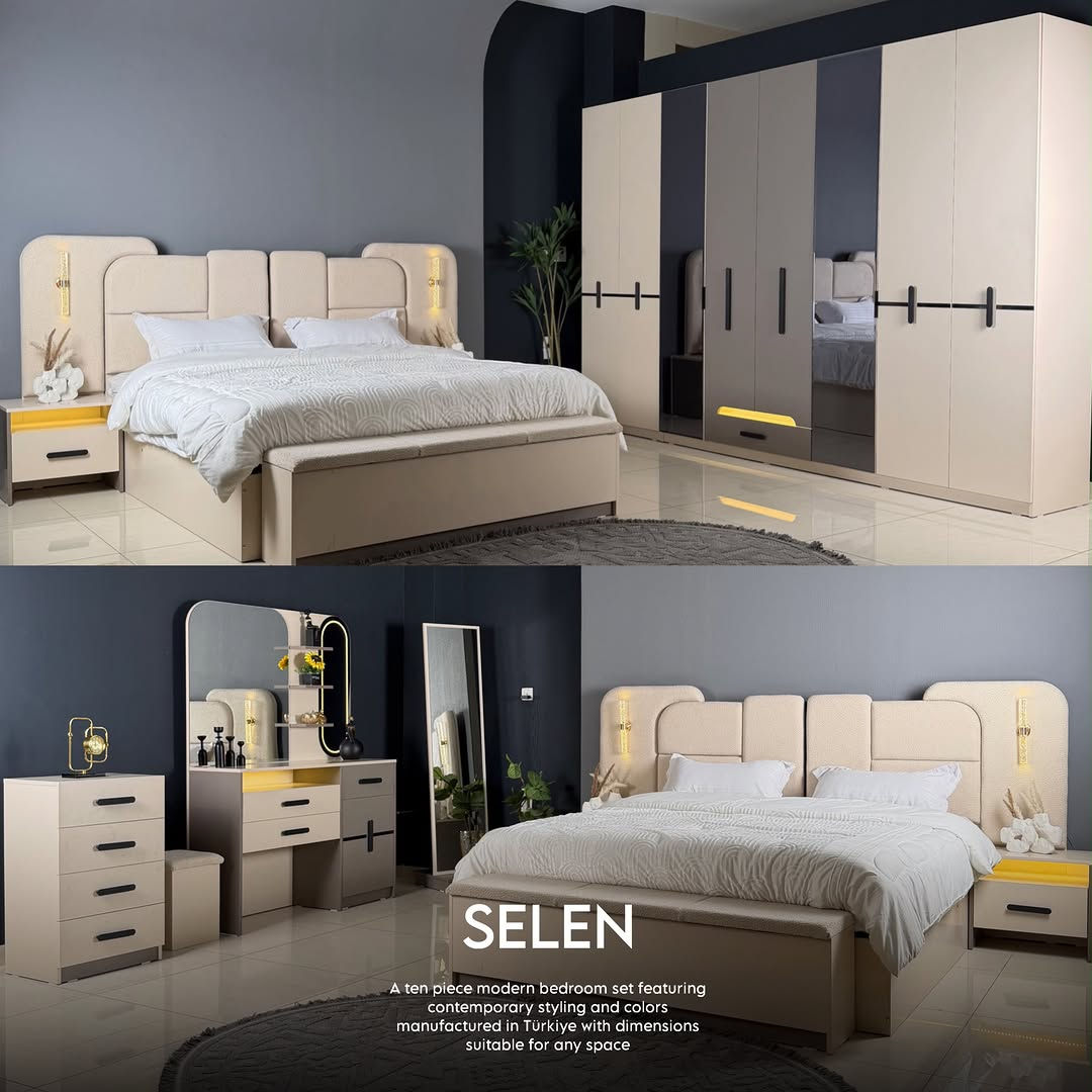 

نص مكتوب في الصور:
- SELEN A ten piece modern bedroom set featuring contemporary styling and colors manufactured in Türkiye with dimensions suitable for any space
- SELEN
- A ten piece modern bedroom set featuring
- contemporary styling and colors
- manufactured in Türkiye with dimensions
- suitable for any space
- A ten piece modern bedroom set featuring contemporary styling and colors manufactured in Türkiye with dimensions suitable for any space