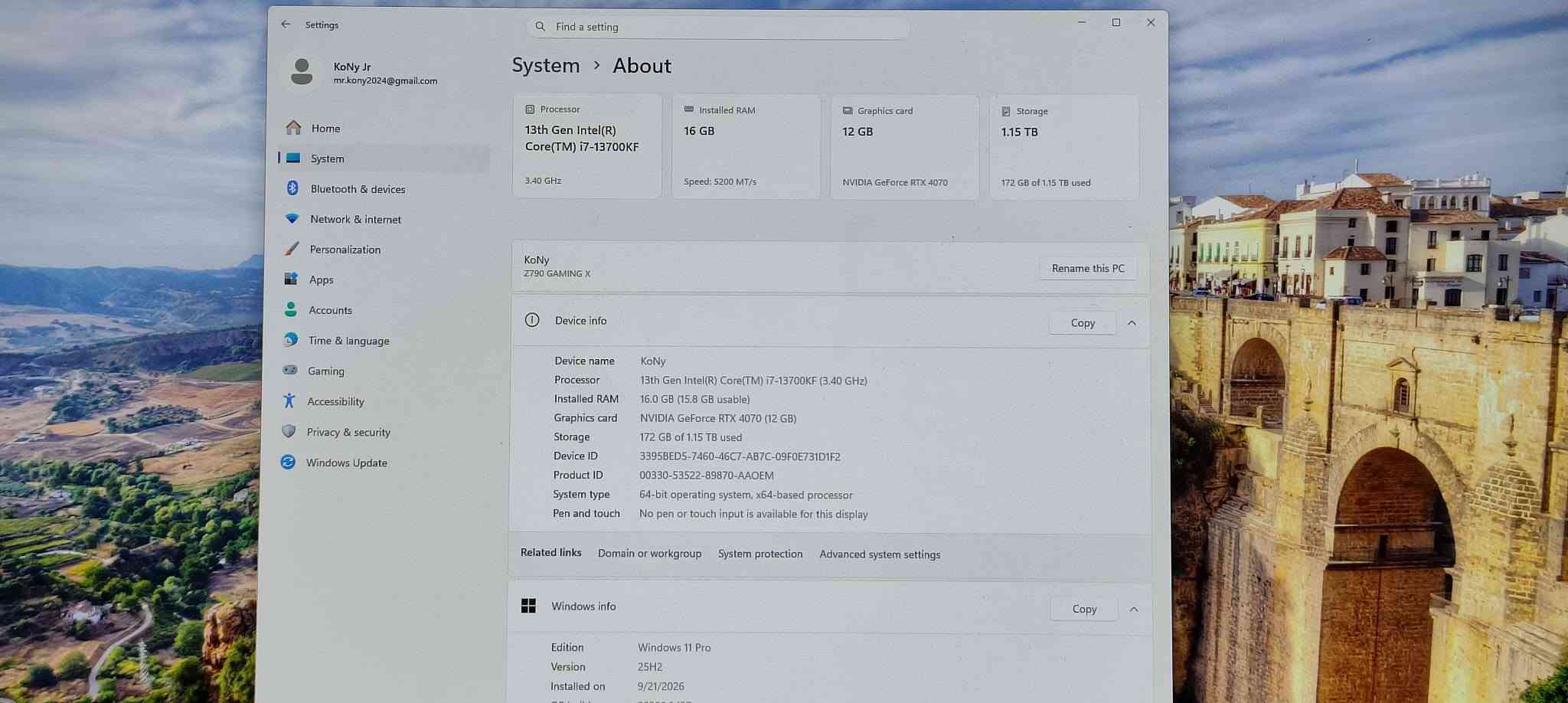 سلام عليكم هالمحروسة للبيع 
CPU: Intel Core i7-13700KF
GPU: GALAX RTX 4070 12GB OC
Motherboard: GIGABYTE Z790 Gaming X
RAM: Lexar ARES DDR5 1*16GB 
Storage: Lexar NM620 M.2 1TB 
Cooling: DeepCool 360mm Liquid Cooler
PSU: FSP Hydro G Pro 750W 80+ بلاتينيوم
Cass : FSP 6 FAN
كرت ممفتوح وحرارتة تحت الضغط 2k 62cُ 
السعر 2200 الف وبيها مجال للشراي 
مكاني بصرة تفحص وتشلع عيوني 
*********** واتس 
متوفر توصيل اخذ عربون بسيط اضمن حق الاستلام

نص مكتوب في الصور:
- Settings Find a setting KoNy Jr mr.kony2024@gmail.com Home System Bluetooth & devices Network & internet Personalization Apps Accounts Time & language Gaming Accessibility Privacy & security Windows Update System > About Processor 13th Gen Intel(R) Core(TM) i7-13700KF 3.40 GHz Installed RAM 16 GB Speed: 5200 MT/s Graphics card 12 GB NVIDIA GeForce RTX 4070 Storage 1.15 TB 172 GB of 1.15 TB used KoNy Z790 GAMING X Rename this PC Device info Copy Device name KoNy Processor 13th Gen Intel(R) Core(TM) i7-13700KF (3.40 GHz) Installed RAM 16.0 GB (15.8 GB usable) Graphics card NVIDIA GeForce RTX 4070 (12 GB) Storage 172 GB of 1.15 TB used Device ID 3395BED5-7460-46C7-AB7C-09F0E731D1F2 Product ID 00330-53522-89870-AAOEM System type 64-bit operating system, x64-based processor Pen and touch No pen or touch input is available for this display Related links Domain or workgroup System protection Advanced system settings Windows info Copy Edition Windows 11 Pro Version 25H2 Installed on 9/21/2026