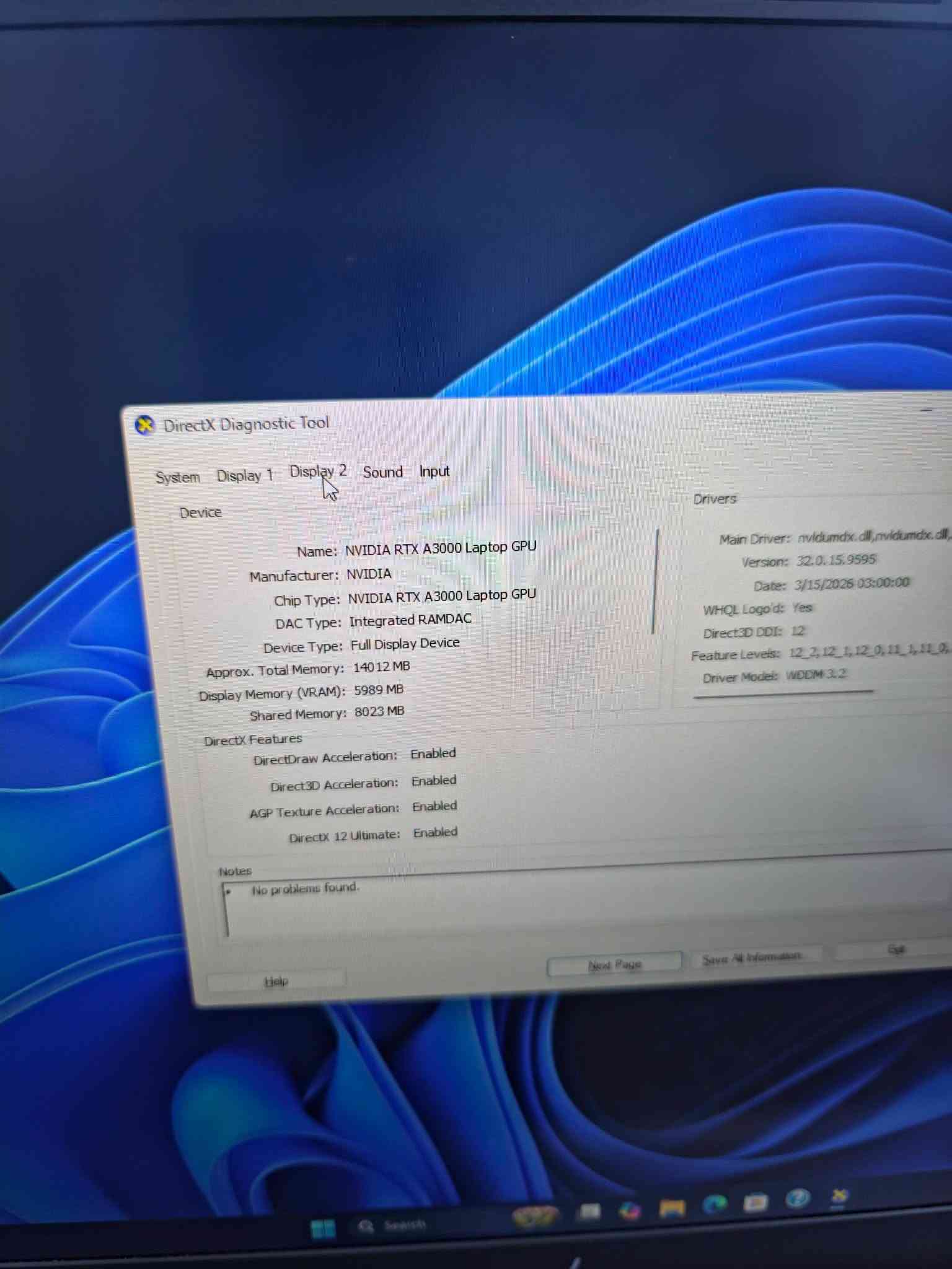#عرض_على_قطع_محدودة 😍🔥
#لابتوب_رجال_الأعمال 💼✨ | #عملاق_التصميم_والألعاب 🎮💻

🥰HP ZBook Fury 17.3 inch G8 🥰
⚡ المواصفات:
✅ معالج: Core  i7-11850H 11th Gen Intel (R) Core(TM) - الجيل الحادي عشر 
✅ ذاكرة: RAM 16GB DDR4
✅ تخزين: SSD 512GB
✅ كرت شاشة داخلي 🎮 :
intel (R) UHD Graphics (8GB)
✅️ كرت شاشه خارجي  🎮 : 
NVIDIA RTX A3000 Laptop GPU (6GB) 
➡️ المجموع = 14GB كرت شاشة 💥

✅ شاشة: 17.1" FHD  ✨

💰 السعر: 990 ألف فقط (نهائي ❌ غير قابل للتفاوض)
#متوفر_برام_32_وكرت_داخلي_16_كيكا_بسعر_مليون_و125_الف
---
🎁 الملحقات:
💼 حقيبة + 🖱 ماوس + 🔌 شاحن

🚛 توصيل متوفر لكل محافظات العراق
📍 الأنبار – حديثة – بروانة

📞 للحجز والاستفسار:
📲 اتصال: ***********
💬 واتساب: ***********
#ZBOOK_G7 #مكتب_سمارت_فيو

نص مكتوب في الصور:
- System Information
- find information about the DirectX components and drivers installed on your system.
- if you are having problem, click the appropriate tab above. Otherwise, you can use the "Next Page" button below to
- ence.
- Current Date/Time: Friday, September 18, 2026, 10:54:27 PM
- Computer Name: DESKTOP-RVJLN60
- Operating System: Windows 11 Pro 64-bit (10.0, Build 26100)
- Language: English (Regional Setting: English)
- System Manufacturer: HP
- System Model: HP ZBook Fury 17.3 inch G8 Mobile Workstation PC
- BIOS: T95 Ver. 01.25.00
- Processor: 11th Gen Intel(R) Core(TM) i7-11850H @ 2.50GHz (16 CPUs)
- Memory: 16384MB RAM
- Page file: 5845MB used, 13146MB available
- DirectX Version: DirectX 12
- WHQL digital signatures
- DxDiag 10.00.26100.9278 64-bit Unicode Copyright (C) Microsoft. All rights reserved.
- Next Page
- Save All Information...
- Exit
- DirectX Diagnostic Tool
- System Display 1 Display 2 Sound Input
- Device
- Name: Intel(R) UHD Graphics
- Manufacturer: Intel Corporation
- Chip Type: Intel(R) UHD Graphics Family
- DAC Type: Internal
- Device Type: Full Display Device
- Approx. Total Memory: 8151 MB
- Display Memory (VRAM): 128 MB
- Shared Memory: 8023 MB
- DirectX Features
- DirectDraw Acceleration: Enabled
- Direct3D Acceleration: Enabled
- AGP Texture Acceleration: Enabled
- DirectX 12 Ultimate: Disabled
- Notes
- No problems found.
- Help
- Drivers
- Main Driver: igl
- Version: 31
- Date: 3/2
- WHQL Logo'd: Yes
- Direct3D DDI: 12
- Feature Levels: 12_1
- Driver Model: WDDM
- DirectX Diagnostic Tool System Display 1 Display 2 Sound Input Device Name: NVIDIA RTX A3000 Laptop GPU Manufacturer: NVIDIA Chip Type: NVIDIA RTX A3000 Laptop GPU DAC Type: Integrated RAMDAC Device Type: Full Display Device Approx. Total Memory: 14012 MB Display Memory (VRAM): 5989 MB Shared Memory: 8023 MB DirectX Features DirectDraw Acceleration: Enabled Direct3D Acceleration: Enabled AGP Texture Acceleration: Enabled DirectX 12 Ultimate: Enabled Notes No problems found. Drivers Main Driver: nvldumdx.dll,nvldumd.dll, Version: 32.0.15.9595 Date: 3/15/2026 03:00:00 WHQL Logo'd: Yes Direct3D DDI: 12 Feature Levels: 12_2,12_1,12_0,11_1,11_0, Driver Model: WDDM 3.2 Help Next Page Save All Information Exit