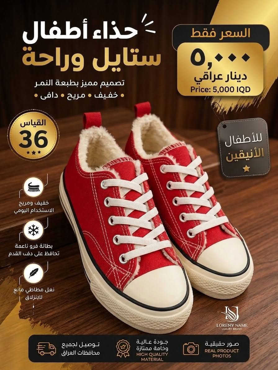 ​✨ أحذية أطفال مميزة وأنيقة بسعر خيالي! ✨
🔥 السعر فقط: 5,000 دينار عراقي!

👟 تشكيلة رائعة تناسب أطفالكم، جودة مريحة وتصاميم عصرية.

​🚗 خدمة التوصيل:

توصيل خاص داخل سبع البور بـ 1,000 دينار فقط (نوصل طلبك مباشرة لباب البيت!).

​📲 للطلب والاستفسار:

​📞 رقم الهاتف / واتساب: ***********

​🎵 تيك توك: كرموش أمزون سبع البور
