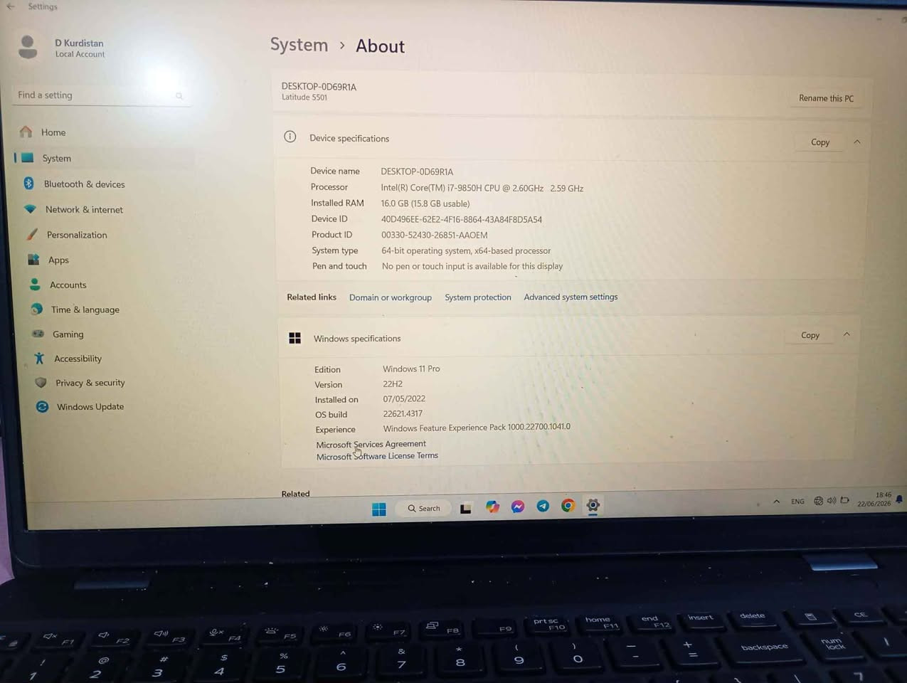 لابتوب deel Latitude 5501
مواصفات :
معالج: Intel(R) Core(TM)i7-9850H CPU@ 2.60GHz قابل للكسر
كرت شاشه: داخلي شير
رامات : 16 كيكا 
هارد التخزين: 512G ssd فائق السرعه
نضافه 95%
تشغل جميع برامج الهندسه 
سعر 475 الف مكاني نجف *********** النجف, العراق
