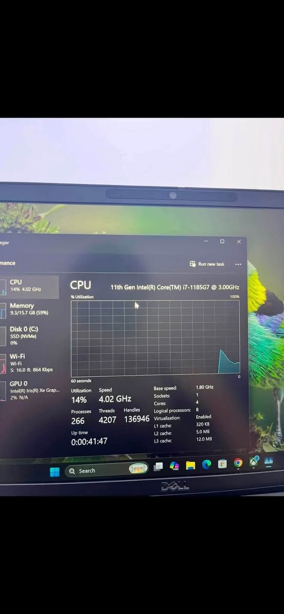 لابتوب
سلام عليكم
لابتوب
سوبر سليم
لابتوب لايتيد 7420
يجي بمعالج كور اي 7 الجيل 11
رام 2*8 ddr4 تردد 4200 شي عملاق مجموع رام ١٦
يجي كرت شاشه داخلي 8 جيجا فيرام
يجي بتخزين حديث نص تيرا 512 ssd سريع
يجي حجم شاشه 13.3 انش
تجي وزن خفيف تقريبا كيلو او اقل او اكثر بشويه
شاحن اصلي تايبسي 65 واط
مع حقيبه مع ماوس 
ضمان تشغيل بطاريه ساعه الى ساعه ونص 

للتواصل رقمي ***********

سعر 420 الف 
بصمه اصبع 
فيس ايدي
لمس
كاميره

نص مكتوب في الصور:
- Disk 0 (C:) MTFDKBA512TFH-1BC1AABHA Active time 100% 60 seconds Percentage of time the disk is processing read or write requests 0 Disk transfer rate 10 MB/s 7 MB/s 60 seconds 0 Active time 0% Average response time 0 ms Capacity: 477 GB Formatted: 477 GB System disk: Yes Read speed 0 KB/s Write speed 0 KB/s Page file: Yes Type: SSD (NVMe) Search DELL
- CPU 14% 4.02 GHz Memory 9.3/15.7 GB (59%) Disk 0 (C:) SSD (NVMe) 0% Wi-Fi Wi-Fi S: 16.0 R: 864 Kbps GPU 0 Intel(R) Iris(R) Xe Grap... 2% N/A CPU CPU 11th Gen Intel(R) Core(TM) i7-1185G7 @ 3.00GHz % Utilization 100% 60 seconds Utilization 14% Speed 4.02 GHz Base speed: 1.80 GHz Sockets: 1 Cores: 4 Processes 266 Threads 4207 Handles 136946 Logical processors: 8 Virtualization: Enabled L1 cache: 320 KB Up time 0:00:41:47 L2 cache: 5.0 MB L3 cache: 12.0 MB Q Search
- Task Manager Performance Run new task CPU 15% 3.69 GHz Memory 9.3/15.7 GB (59%) Disk 0 (C:) SSD (NVMe) 1% Wi-Fi Wi-Fi S: 0.1 R: 2.6 Mbps GPU 0 Intel(R) Iris(R) Xe Grap... 2% N/A GPU Intel(R) Iris(R) Xe Graphics 3D 0% Copy 0% Video Decode 2% Video Processing 0% 7.9 GB Shared GPU memory Utilization 2% GPU Memory 0.8/7.9 GB Shared GPU memory 0.8/7.9 GB Driver version: Driver date: DirectX version: Physical location: Temperature N/A 32.0.101.7084 1/15/2026 12 (FL 12.1) PCI bus 0, devic... Search DELL
- Memory
- Run new task
- 16.0 GB LPDDR4
- 15.7 GB
- Memory usage
- 60 seconds
- 0
- Memory composition
- In use (Compressed)
- 5.7 GB (0 MB)
- Available
- 10.1 GB
- Speed:
- Slots used:
- Form factor:
- Hardware reserved:
- 4267 MT/s
- 8 of 8
- Row of chips
- 278 MB
- Committed
- 5.3/18.6 GB
- Cached
- 3.4 GB
- Paged pool
- 250 MB
- Non-paged pool
- 312 MB
- Search