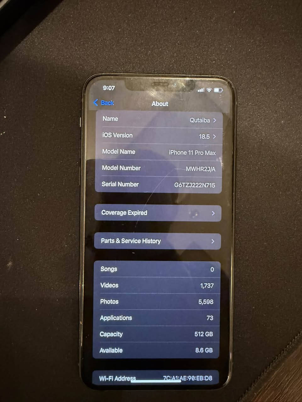 السلام عليكم 
ايفون 11 برو ماكس 
المساحة:512GB
البطارية: 72
اللون:زيتوني
الجهاز غير مفتوح ابدا وسليم عدا الفطور الي بالضهر 
السعر :325 الف

نص مكتوب في الصور:
- 9:07 Battery Battery Health & Charging Important Battery Message Your battery's health is significantly degraded. An Apple Authorized Service Provider can replace the battery to restore full performance and capacity. Find Your Service Options Maximum Capacity 72% This is a measure of battery capacity relative to when it was new. Lower capacity may result in fewer hours of usage between charges. Peak Performance Capability Built-in dynamic software and hardware systems will help counter performance impacts that may be noticed as your iPhone battery chemically ages. Optimized Battery Charging To reduce battery aging, iPhone learns from your daily charging routine so it can wait to finish charging past 80% until you need to use it.
- 9:07
- Back
- About
- Name
- Qutaiba
- iOS Version
- 18.5
- Model Name
- iPhone 11 Pro Max
- Model Number
- MWHR2J/A
- Serial Number
- G6TZJ222N715
- Coverage Expired
- Parts & Service History
- Songs
- 0
- Videos
- 1,737
- Photos
- 5,598
- Applications
- 73
- Capacity
- 512 GB
- Available
- 8.6 GB
- Wi-Fi Address
- 7C:A1:AE:90:EB:D8