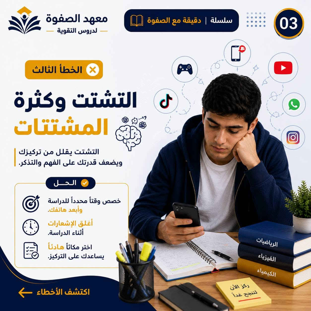 📚 هل وقعت بأحد هذه الأخطاء أثناء الدراسة؟
في هذا الكاروسيل جمعنا أكثر 5 أخطاء تمنع الطالب من التفوق الدراسي مع حلول عملية تساعدك على تحسين مستواك.
💬 اكتب لنا في التعليقات: أي خطأ تعتقد أنه أكثر شيء يؤثر على الطلاب؟
📍 بغداد – الزعفرانية | بداية شارع الكهرباء 📞 ***********
