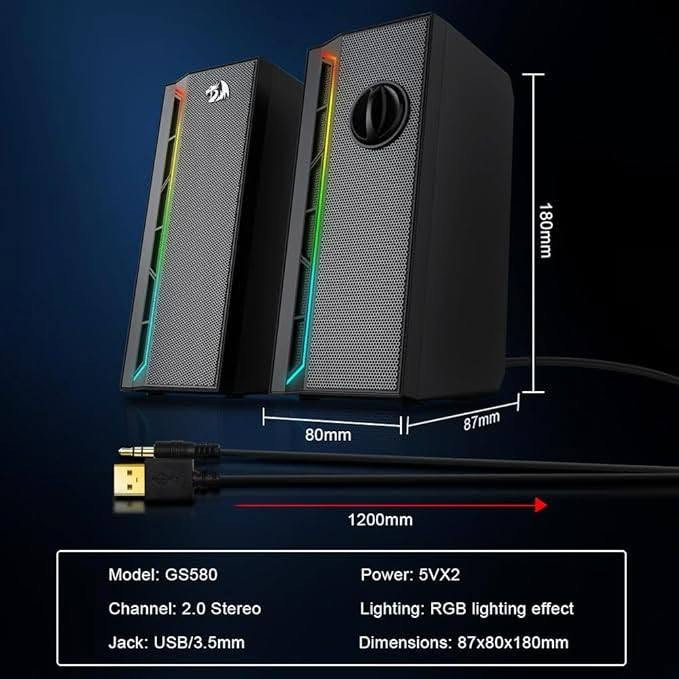سماعات سبيكر كيمنك من شركة ​🔥    Redragon GS580 RGB 🔥 مستخدم قليل جدا
نظام الصوت: 2.0 Channel Stereo لصوت محيطي تجسيمي
إضاءة RGB ديناميكية متميزة 
السعر 25 الف مكاني بغداد البلديات 
واتساب ***********

نص مكتوب في الصور:
- 180mm 80mm 87mm 1200mm Model: GS580 Channel: 2.0 Stereo Jack: USB/3.5mm Power: 5VX2 Lighting: RGB lighting effect Dimensions: 87x80x180mm
- 2.0 Channel Stereo The 2.0 channel stereo offers you immersive audio experience and powerful bass.