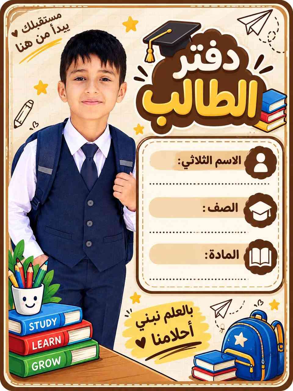 اطبع صور اطفالك ع الكتب ودفاتر 
متوفر حسب طلب تجهيزات مدرسيه 
ستوديو عمر الزين
 + واتساب  ( *********** )

معرف تيك توك  + أنستا     (oamr.1991@

‏تابع قناة ستوديو عمر الزين في واتساب: https://whatsapp.com/channel/0029Vb6JVSn8vd1Qhz2Swl11

نص مكتوب في الصور:
- بالعلم نصنع المستقبل الاسم الثلاثي الصف المادة أنت مميز
- مستقبلك يبدأ من هنا دفتر الطالب الاسم الثلاثي: الصف : المادة: بالعلم نبني أحلامنا STUDY LEARN GROW
- مستقبلك يبدأ من هنا دفتر الطالب الاسم الثلاثي الصف المادة بالعلم نبني أحلامنا STUDY LEARN GROW
- مستقبلك يبدأ من هنا دفتر الطالب الاسم الثلاثي الصف المادة بالعلم نبني أحلامنا DREAM STUDY SUCCESS