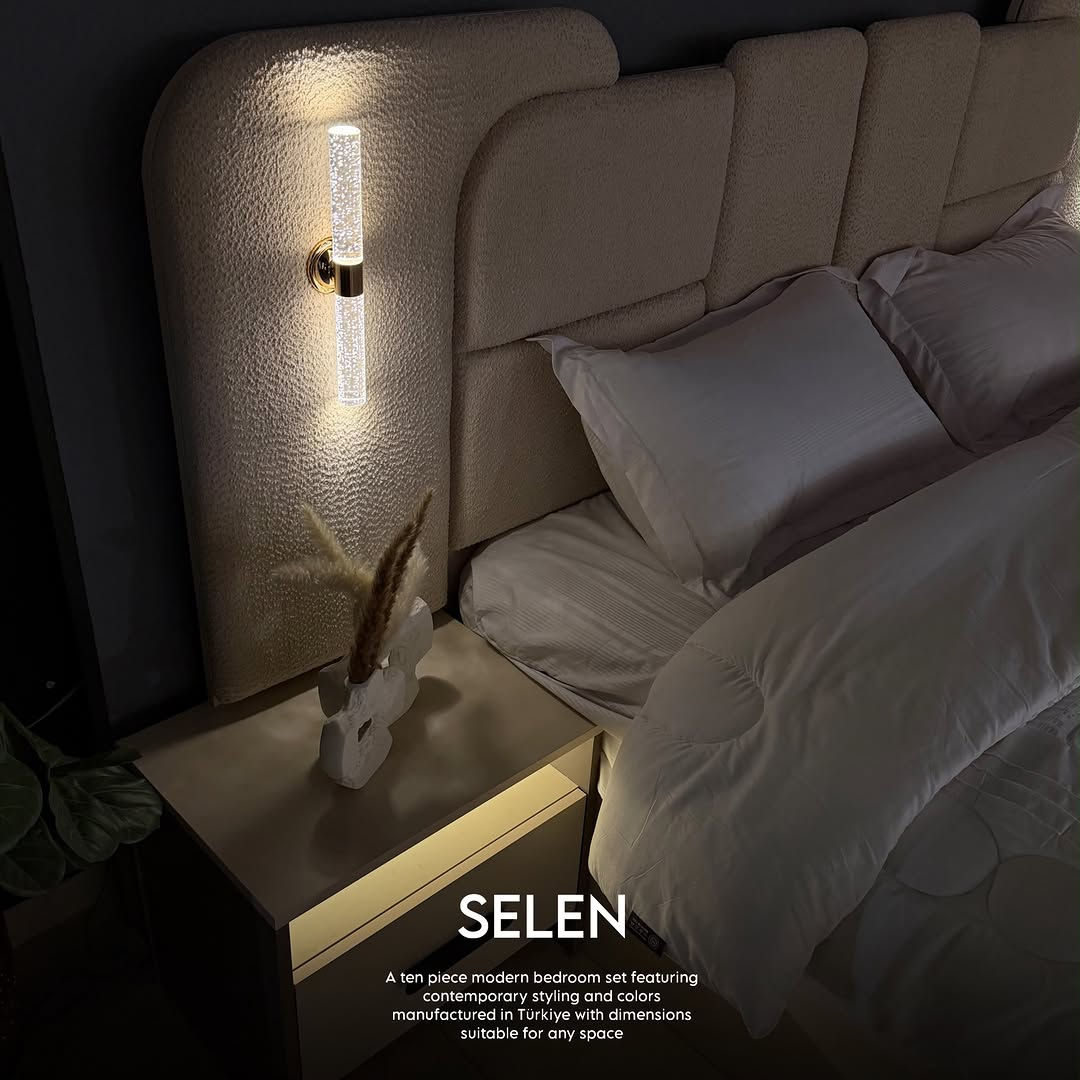 

نص مكتوب في الصور:
- SELEN A ten piece modern bedroom set featuring contemporary styling and colors manufactured in Türkiye with dimensions suitable for any space
- SELEN
- A ten piece modern bedroom set featuring
- contemporary styling and colors
- manufactured in Türkiye with dimensions
- suitable for any space
- A ten piece modern bedroom set featuring contemporary styling and colors manufactured in Türkiye with dimensions suitable for any space