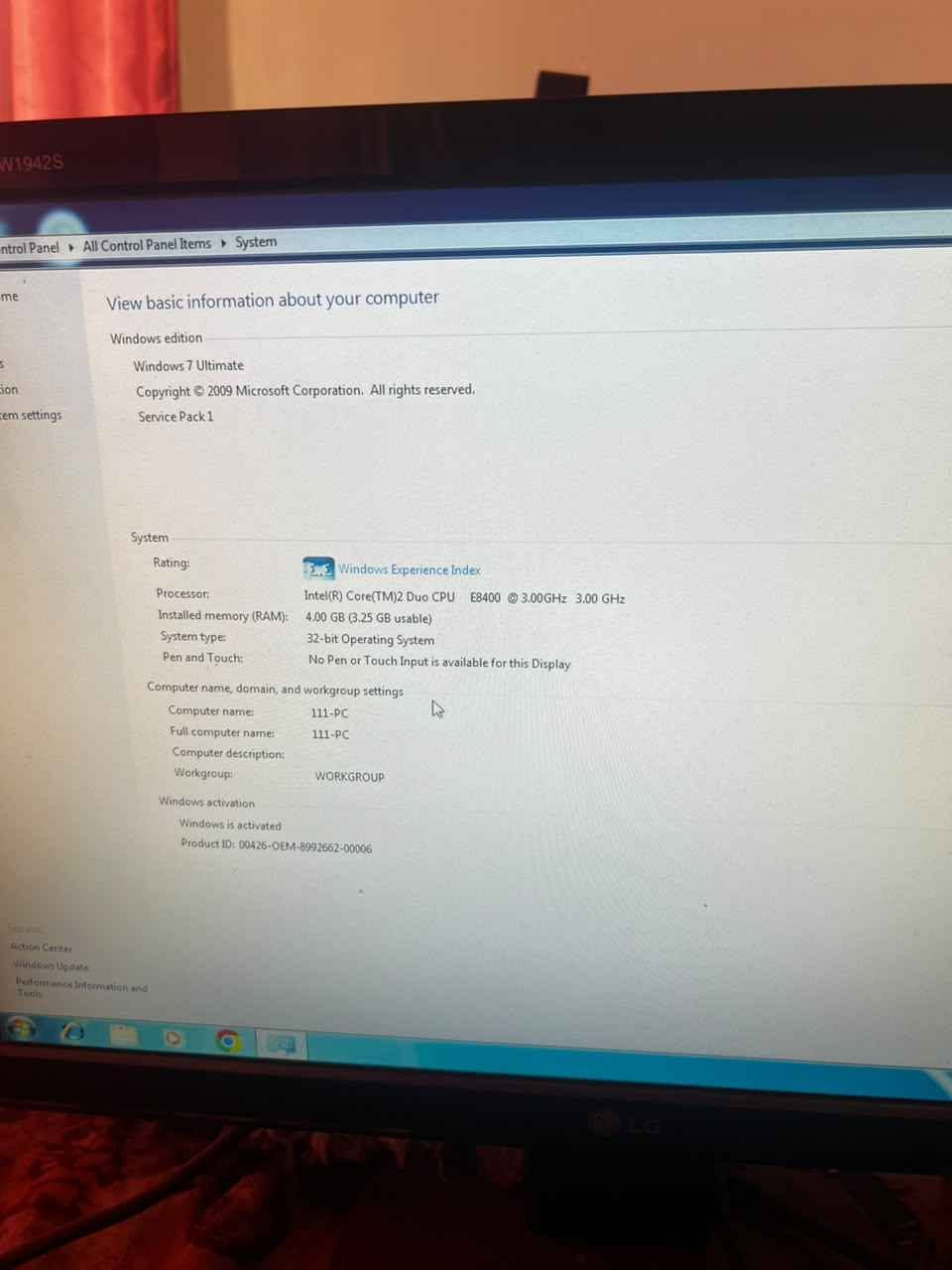 حاسبات عدد٢ مثل متشوف المواصفات كدامك واثنينهن الهارادات ssd 
مكاني بغداد بوب الشام 
*********** الفارس, صلاح الدين

نص مكتوب في الصور:
- Control Panel All Control Panel Items System View basic information about your computer Windows edition Windows 7 Ultimate Copyright 2009 Microsoft Corporation. All rights reserved. Service Pack 1 System Rating: Windows Experience Index Processor: Intel(R) Core(TM)2 Duo CPU E8400 @ 3.00GHz 3.00 GHz Installed memory (RAM): 4.00 GB (3.25 GB usable) System type: 32-bit Operating System Pen and Touch: No Pen or Touch Input is available for this Display Computer name, domain, and workgroup settings Computer name: 111-PC Full computer name: 111-PC Computer description: Workgroup: WORKGROUP Windows activation Windows is activated Product ID: 00426-OEM-8992662-00006 Action Center Windows Update Performance Information and Tools