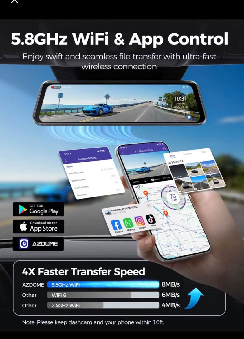 كاميرا مرآة السيارة AZDOME PG17 MAX بدقة 4K مع نظام ADAS وBSD وLCA، كاميرا خلفية للسيارة مع واي فاي 5.8 جيجا، رؤية ليلية فائقة، GPS، تحكم صوتي، شاشة 12 بوصة ***********بغداد يوجد خدمه توصيل

نص مكتوب في الصور:
- Built-in GPS & Route Tracking Accurately records driving routes, locations, and speed data directly on the video Current Altitude 105.7m Total Altitude 37.0m 35.595583 82.487984 50mph 70 mph AZDOME PG17 Max 2024/11/15 11:29:10 AM
- Advanced Driver Assistance System (ADAS)
- Enhance safety with real-time alerts to prevent accidents
- 63ft
- 15ft
- AZDOME
- Forward Collision Warning
- Lane Departure Warning
- Pedestrian Collision Warning
- Front Vehicle Start Warning
- Close Distance Warning
- Blind Spot Detection (BSD) & Lane Change Assist (LCA)
- Monitor blind spots, issue timely alerts for approaching vehicles
- Rear Collision Warning
- Lane Change Assist
- 5.8GHz WiFi & App Control
- Enjoy swift and seamless file transfer with ultra-fast
- wireless connection
- GET IT ON
- Google Play
- Download on the
- App Store
- 4X Faster Transfer Speed
- AZDOME 5.8GHz WiFi 8MB/s
- Other WiFi 6 6MB/s
- Other 2.4GHz WiFi 4MB/s
- Note: Please keep dashcam and your phone within 10ft.
- AZDOME PG17 MAX 12" Touch Screen UHD 4K+2.5K 5.8GHz WIFI ADAS/BSD&LCA 365 Days Free Warranty • 15 Days Free Return • 48H Fast Shipping