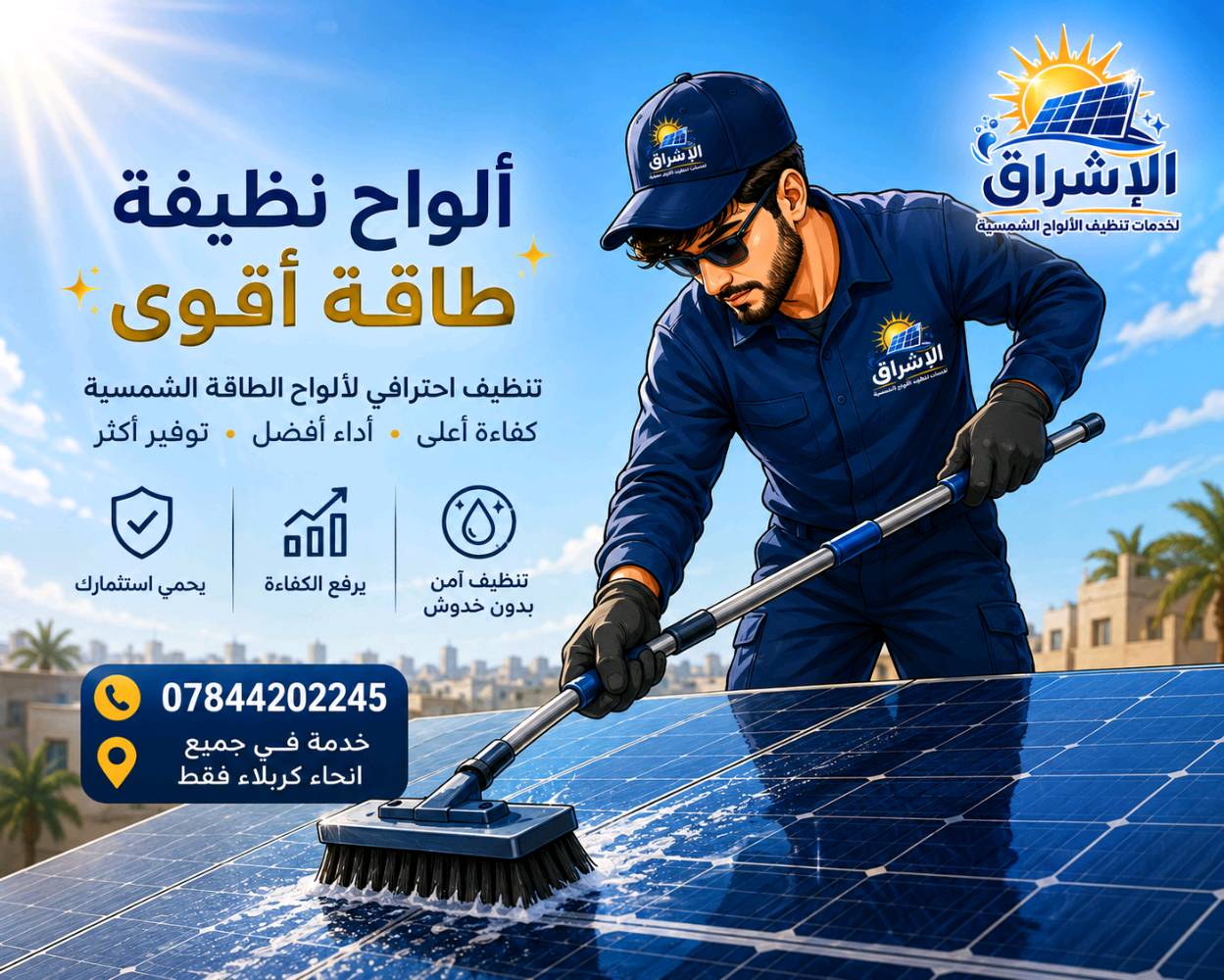 تراكم الغبار على الألواح يسرق حتى 40% من طاقتك ويقلل عمرها؛  تنظيفها الاحترافي يُعيد الأمبيرات الكاملة ويحمي استثمارك بأقل تكلفة ☀️
 الإشراق لتنظيف الألواح الشمسية 
نقدم تنظيفًا احترافيًا للألواح الشمسية لإزالة الغبار والأوساخ والحفاظ على نظافتها وكفاءتها. 💧✨

📍 خدمتنا داخل كربلاء المقدسة
📞 للحجز والاستفسار : *********** واتساب

الإشراق… نظافة تدوم، وكفاءة تدوم أكثر. ⚡☀️