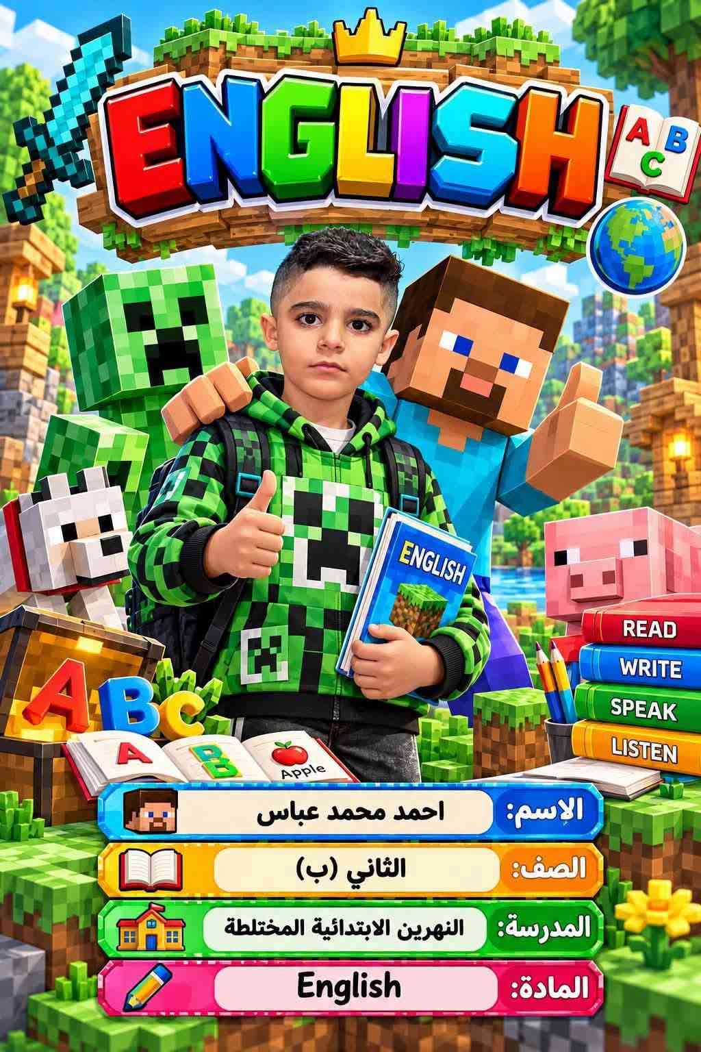 ميز طفلك وية مكتبة الرياضي 
تجهيز اطفالكم لاتحتارون خليه علينا واحنا نميز طلابكم بادق التفاصيل طبع لواصق الاسماء وصور الدفاتر بأسعار مناسبة 
للاستفسار ***********

نص مكتوب في الصور:
- الرياضيات
- 5 + 3 = 8
- 9 - 4 = 5
- 2 × 4 = 8
- 1
- 2
- 3
- 4
- 5
- جمع
- طرح
- ضرب
- قسمة
- الاسم: احمد محمد عباس
- الصف: الثاني (ب)
- المدرسة: النهرين الابتدائية المختلطة
- المادة: الرياضيات
- OCTONAUTS
- المادة: العلوم
- ENGLISH
- A B
- C
- READ
- WRITE
- SPEAK
- LISTEN
- Apple
- الإسم: احمد محمد عباس
- المادة: English
- التربية الإسلامية
- المادة: التربية الاسلامية