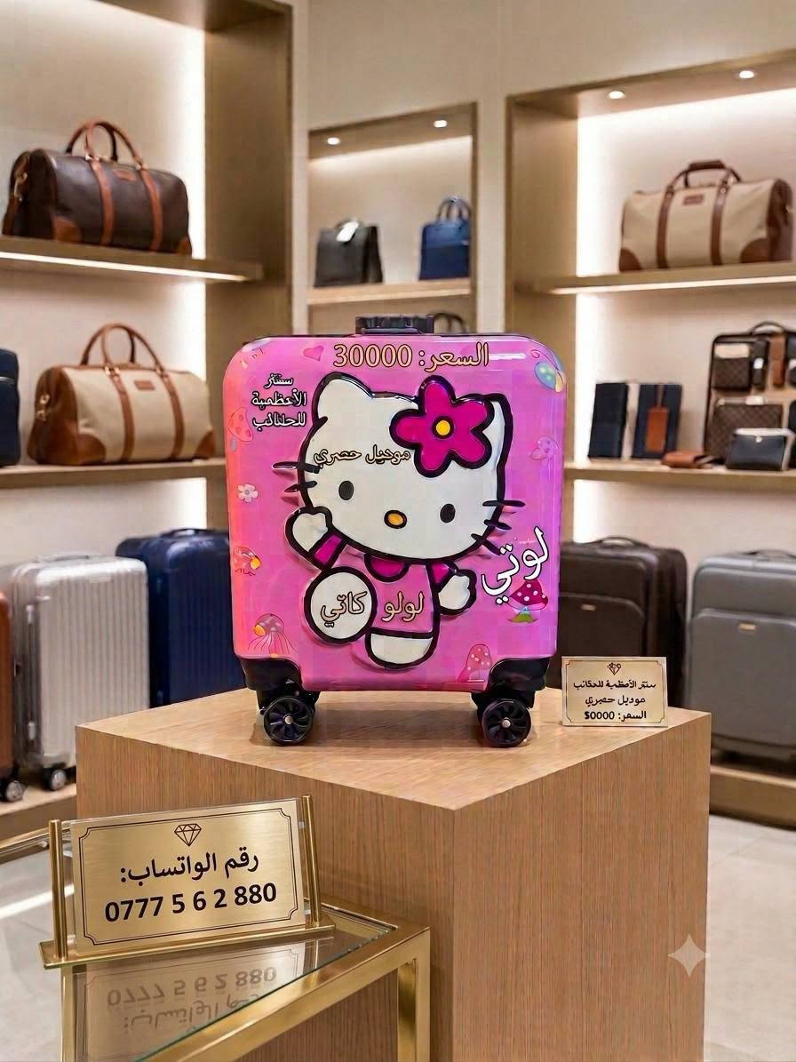 جنط سفر اطفال

نص مكتوب في الصور:
- سنتر الأعظمية للحقائب
- موديل حصري
- واتساب: ***********
- السعر: 30000
- لولو كاتي
- لوتي
- السعر: 50000
- رقم الواتساب:
- 0777 5 6 2 880