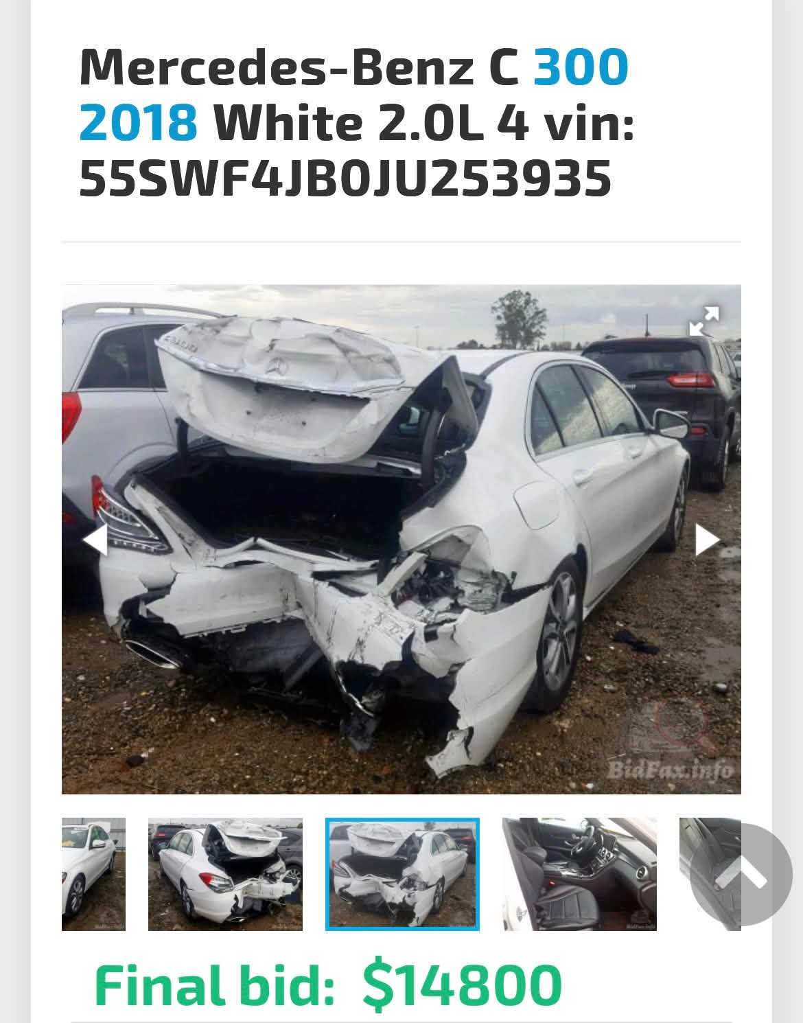 السلام عليكم 
للبيع c300 2018 وارد امريكي 
المواصفات تقريبا فول عدا الدبل ماوس 
حادثها الصندوق والجاملغات الخلفيه الباقي مكفول 
الحوض بي تصليح فقط بدون كص او صبغ  وصور الحادث مرفقه بالمنشور  ورقم الشاصي 
محرك السياره مجفت كامل جديد درجه اولى وبعده تحت الضمان يم شركه برابوس ومسويلها ادامه كامله 
امبدله دعاميه AMG  ووياله وتايرات جدد مال الشكل 
الجديد الداخل البلاد جلد اسود ومغير بدبي للاحمر 
رقم اربيل باسمي الهزه منتهيه  تحويل فقط 
السعر 18000$ وبيها مجال جدا بسيط 
مكانها بغداد حي الجهاد
***********

نص مكتوب في الصور:
- Mercedes-Benz C 300 2018 White 2.0L 4 vin: 55SWF4JB0JU253935 Final bid: $14800