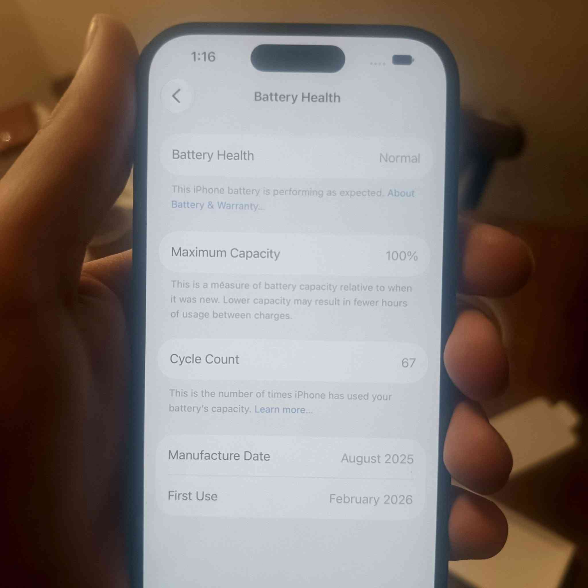 السلام عليكم iPhone 16 128gb هندي مستعمل  البطارية 100% مشحون 67 مرة يجي ويه الصندوك و كيبل الشحن و الكفر  السعر 950 الف دينار المكان بغداد اليرموك رقم التلفون ***********

نص مكتوب في الصور:
- 1:16 Battery Health Battery Health Normal This iPhone battery is performing as expected. About Battery & Warranty... Maximum Capacity 100% This is a measure of battery capacity relative to when it was new. Lower capacity may result in fewer hours of usage between charges. Cycle Count 67 This is the number of times iPhone has used your battery's capacity. Learn more... Manufacture Date August 2025 First Use February 2026
- 1:16
- About
- Name
- iPhone >
- iOS Version
- 27.0 >
- Model Name
- iPhone 16
- Model Number
- MYE73HN/A
- Serial Number
- Songs
- 0
- Videos
- Photos
- Capacity
- 128 GB
- Available
- 109.4 GB