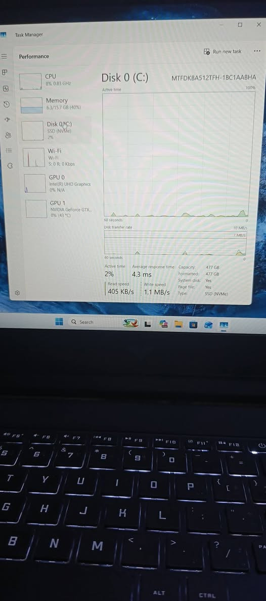 سلام عليكم
لابتوب اجبيي فكتوس

المواصفات كرت شاشه خارجي 1650 GTX NVIDIA كرت شاشه داخلي 1.4 جيجابايت

الذاكرة العشواءي RAM  16 DDR4

المعالجة Intel Core i5 - 12450H جيل 12

الشاشه 144هيرتز 

الملحقات حقيبة وشاحنه وماوس

السعر700 وبيها مجال

للاستفسار ***********

نص مكتوب في الصور:
- Task Manager
- Performance
- Run new task
- CPU
- 8% 0.83 GHz
- Memory
- 6.3/15.7 GB (40%)
- Disk 0 (C:)
- SSD (NVMe)
- 2%
- Wi-Fi
- S: 0 R: 0 Kbps
- GPU 0
- Intel(R) UHD Graphics
- 0% N/A
- GPU 1
- NVIDIA GeForce GTX...
- 0% (43 °C)
- Disk 0 (C:) MTFDKBA512TFH-1BC1AABHA
- Active time 100%
- 60 seconds
- Disk transfer rate 10 MB/s
- 7,7MB/s
- Active time
- Average response time
- 4.3 ms
- Capacity:
- Formatted:
- System disk:
- Page file:
- Type:
- 477 GB
- Yes
- Read speed
- 405 KB/s
- Write speed
- 1.1 MB/s
- Search
- CPU 3% 1.49 GHz
- Memory 6.3/15.7 GB (40%)
- Disk 0 (C:) SSD (NVMe) 0%
- Wi-Fi Wi-Fi S: 0 R: 0 Kbps
- GPU 0 Intel(R) UHD Graphics 0% N/A
- GPU 1 NVIDIA GeForce GTX...
- GPU NVIDIA GeForce GTX 1650
- 3D 0% Copy 0%
- Video Encode 0% Video Decode 0%
- Dedicated GPU memory 4.0 GB
- Shared GPU memory 7.8 GB
- Utilization 0%
- GPU Memory 0.0/11.8 GB
- Dedicated GPU memory 0.0/4.0 GB
- Shared GPU memory 0.0/7.8 GB
- Driver version:
- Driver date:
- DirectX version:
- Physical location:
- Hardware reserved mem...
- Temperature 43 °C