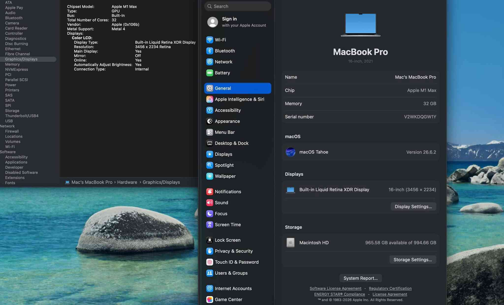 MacBook Pro 2021 16” M1 Max 
Ram 32 | SSD 1 TB

Battery 96 | Cycle 63 

السعر وباقي الماكات بالقناة 

https://t.me/macmastersiQ/1207

نص مكتوب في الصور:
- ATA Audio Bluetooth Camera Card Reader Controller Diagnostics Disc Burning Ethernet Fibre Channel Graphics/Displays Memory NVMeExpress PCI Parallel SCSI Power Printers SAS SATA SPI Storage Thunderbolt/USB4 USB Network Firewall Locations Volumes Wi-Fi Software Accessibility Applications Developer Disabled Software Extensions Fonts Mac's MacBook Pro > Hardware Model Name: MacBook Pro Model Identifier: MacBookPro18,2 Model Number: MK1A3LL/A Chip: Apple M1 Max Total Number of Cores: 10 (8 Performance and 2 Efficiency) Memory: 32 GB System Firmware Version: 18000.161.10 OS Loader Version: 18000.161.10 Serial Number (system): V2WKDQGW1Y Hardware UUID: A6D74FA9-AFC2-530C-9E50-D8A3A3DF729 Provisioning UDID: 00006001-001C41C21E03401E Activation Lock Status: Disabled Search Sign in with your Apple Account Wi-Fi Bluetooth Network Battery General Apple Intelligence & Siri Accessibility Appearance Menu Bar Desktop & Dock Displays Spotlight Wallpaper Notifications Sound Focus Screen Time Lock Screen Privacy & Security Touch ID & Password Users & Groups Internet Accounts Game Center MacBook Pro 16-inch, 2021 Name Mac's MacBook Pro Chip Apple M1 Max Memory 32 GB Serial number V2WKDQGW1Y macOS macOS Tahoe Version 26.6.2 Displays Built-in Liquid Retina XDR Display 16-inch (3456 x 2234) Display Settings... Storage Macintosh HD 965.58 GB available of 994.66 GB Storage Settings... System Report... Software License Agreement - Regulatory Certification ENERGY STAR® Compliance - License Agreement TM and (C) 1983-2026 Apple Inc. All Rights Reserved.
- ATA Apple Pay Audio Bluetooth Camera Card Reader Controller Diagnostics Disc Burning Ethernet Fibre Channel Graphics/Displays Memory NVMExpress PCI Parallel SCSI Power Printers SAS SATA SPI Storage Thunderbolt/USB4 USB Network Firewall Locations Volumes Wi-Fi Software Accessibility Applications Developer Disabled Software Extensions Fonts Model Information: Serial Number: F5D232116800VC5B9 Device Name: bq40z651 Pack Lot Code: 0 PCB Lot Code: 0 Firmware Version: 0b00 Hardware Revision: 100 Cell Revision: 4014 Charge Information: The battery's charge is below the warning level: No Fully Charged: No Charging: No State of Charge (%): 77 Health Information: Cycle Count: 63 Condition: Normal Maximum Capacity: 96% System Power Settings: AC Power: System Sleep Timer (Minutes): 1 Disk Sleep Timer (Minutes): 10 Display Sleep Timer (Minutes): 10 Sleep on Power Button: Yes Wake on LAN: Yes Hibernate Mode: 3 High Power Mode: No Low Power Mode: No Prioritize Network Reachability Over Sleep: No Battery Power: System Sleep Timer (Minutes): 1 Disk Sleep Timer (Minutes): 10 Display Sleep Timer (Minutes): 2 Sleep on Power Button: Yes Wake on LAN: No Current Power Source: Yes Hibernate Mode: 3 High Power Mode: No Mac's MacBook Pro > Hardware > Power Search Sign in with your Apple Account Wi-Fi Bluetooth Network Battery General Apple Intelligence Siri Accessibility Appearance Menu Bar Desktop & Dock Displays Spotlight Wallpaper Notifications Sound Focus Screen Time Lock Screen Privacy & Security Touch ID & Password Users & Groups Internet Accounts Game Center MacBook Pro 16-inch, 2021 Name Mac's MacBook Pro Chip Apple M1 Max Memory 32 GB Serial number V2WKDQGW1Y macOS macOS Tahoe Version 26.6.2 Displays Built-in Liquid Retina XDR Display 16-inch (3456 x 2234) Display Settings... Storage Macintosh HD 965.58 GB available of 994.66 GB Storage Settings... System Report... Software License Agreement Regulatory Certification ENERGY STAR Compliance License Agreement TM and © 1983-2026 Apple Inc. All Rights Reserved.
- ATA Audio Bluetooth Camera Card Reader Controller Diagnostics Disc Burning Ethernet Fibre Channel Graphics/Displays Memory NVMeExpress PCI Parallel SCSI Power Printers SAS SATA SPI Storage Thunderbolt/USB4 USB Network Firewall Locations Volumes Wi-Fi Software Accessibility Applications Developer Disabled Software Extensions Fonts Mac's MacBook Pro > Hardware > Graphics/Displays Chipset Model: Apple M1 Max Type: GPU Bus: Built-In Total Number of Cores: 32 Vendor: Apple (0x106b) Metal Support: Metal 4 Displays: Color LCD: Display Type: Built-in Liquid Retina XDR Display Resolution: 3456 x 2234 Retina Main Display: Yes Mirror: Off Online: Yes Automatically Adjust Brightness: Yes Connection Type: Internal Q Search Sign in with your Apple Account Wi-Fi Bluetooth Network Battery General Apple Intelligence & Siri Accessibility Appearance Menu Bar Desktop & Dock Displays Spotlight Wallpaper Notifications Sound Focus Screen Time Lock Screen Privacy & Security Touch ID & Password Users & Groups Internet Accounts Game Center MacBook Pro 16-inch, 2021 Name Mac's MacBook Pro Chip Apple M1 Max Memory 32 GB Serial number V2WKDQGW1Y macOS macOS Tahoe Version 26.6.2 Displays Built-in Liquid Retina XDR Display 16-inch (3456 x 2234) Display Settings... Storage Macintosh HD 965.58 GB available of 994.66 GB Storage Settings... System Report... Software License Agreement - Regulatory Certification ENERGY STAR Compliance - License Agreement TM and (c) 1983-2026 Apple Inc. All Rights Reserved.