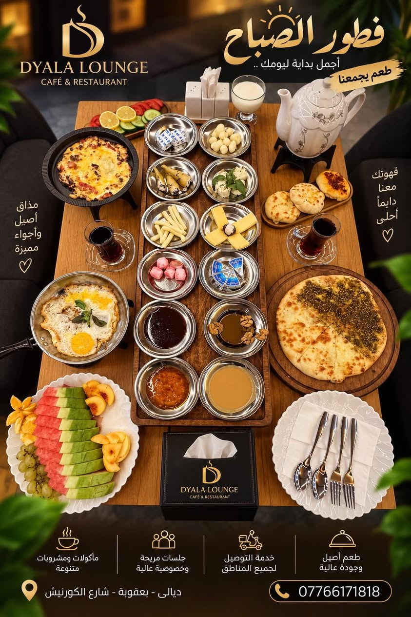 ☀️ صباحك ألذ ويّا ديالى لاونج ☕🍳

ابدأ يومك بفطور صباحي متكامل ومتنوع، بطعم يفتح النفس وجلسة ترد الروح 🤍
جبن ومربيات وقشطة ودبس وراشي، مخلمة وبيض، مناقيش ولحم بعجين… وأكثر 😍

🔥 الفطور الكامل بسعر 20,000 دينار فقط

📍 ديالى – بعقوبة – شارع الكورنيش
📞 ***********
🛵 خدمة التوصيل متوفرة

ديالى لاونج… صباحك يستاهل بداية ألذ ✨

نص مكتوب في الصور:
- DYALA LOUNGE CAFÉ & RESTAURANT ديالى لاونج مكان يجمعنا دائما فطور الصباح يكتمل معنا .. مذاق أصيل .. وأجواء مميزة طعم يجمعنا تبدأ يومك بما تحب مأکولات ومشروبات متنوعة جلسات مريحة وخصوصية عالية خدمة التوصيل لجميع المناطق طعم أصيل وجودة عالية ديالى - بعقوبة - شارع الكورنيش ***********
- مذاق يجمعنا صالة مريحة مأكولات متنوعة أراكيل فاخرة صالات العاب DIYALA LOUNGE ديالي لاونج مطعم . كوفي . أراكيل صباح مختلف يبدأ في ديالي لاونج خدمة التوصيل *********** ديالي - بعقوبة شارع الكورنيش أكثر من مجرد مكان ... إنه أسلوب حياة
- DYALA LOUNGE CAFÉ & RESTAURANT فطور الصباح يكتمل معنا .. مذاق أصيل .. وأجواء مميزة طعم يجمعنا يومكم أجمل مع فطورنا المميز داخل الصالة خدمة التوصيل ديالى - يعقوية - شارع الكورنيش ***********
- DYALA LOUNGE CAFE & RESTAURANT فطور الصباح أجمل بداية ليومك .. طعم يجمعنا مذاق أصيل وأجواء مميزة قهوتك معنا دايماً أحلى مأأكولات ومشروبات متنوعة جلسات مريحة وخصوصية عالية خدمة التوصيل لجميع المناطق طعم أصيل وجودة عالية ديالى - بعقوبة - شارع الكورنيش ***********
- DYALA LOUNGE CAFE & RESTAURANT ديالي لاونج صباحك أجمل في ديالى لاونج مذاق مميز .. أجواء راقية .. لكل الأوقات فطور صباحي أكلات متنوعة أراكيل مميزة جلسات مريحة خدمة التوصيل الطعم الذي يجمعنا ديالي - بعقوبة - شارع الكورنيش *********** نستقبلكم دائماً جلساتنا غير ..