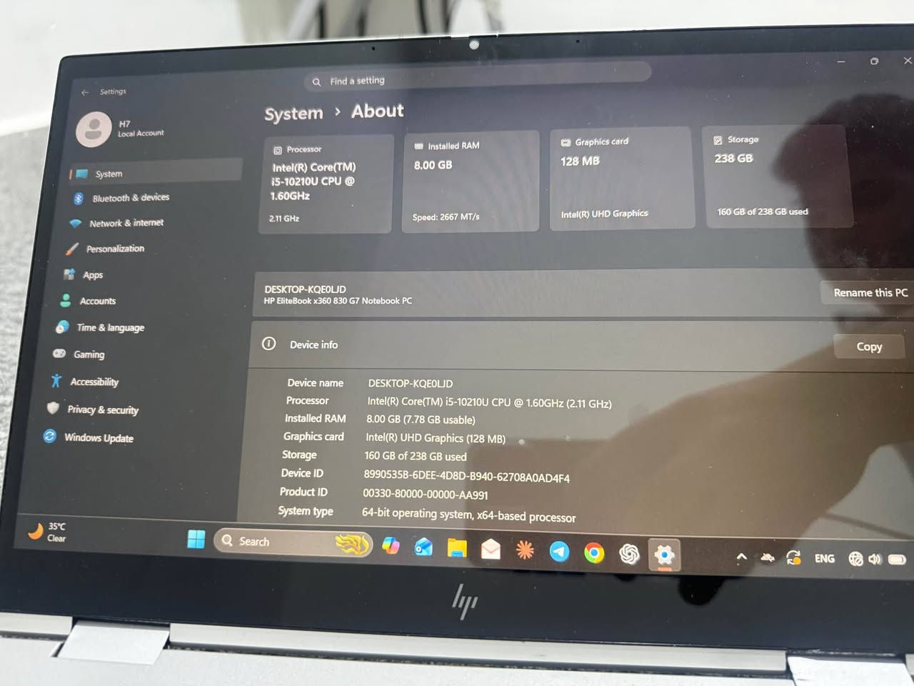 معلومات الجهاز
* الموديل: HP EliteBook x360 830 G7
* نوع الجهاز: لابتوب متحول (2-in-1) يفتح 360° ويعمل باللمس.
* سنة الإصدار: 2020
* قياس الشاشة: 13.3

 المعالج
* Intel Core i5-10210U
* الجيل: العاشر (10th Gen)
* عدد الأنوية: 4
* عدد الخيوط: 8
* التردد الأساسي: 1.60 GHz
* أقصى تردد (Turbo): حتى 4.20 GHz

 الذاكرة (RAM)
* السعة: 8 GB
* السرعة: 2667 MT/s

 كرت الشاشة
* Intel UHD Graphics
* كرت شاشة مدمج،

 التخزين
: (256 GB SSD)

 النظام
* Windows 11
  * 64-bit
سعر 450 مجال
تواصل معي *********** 
بصره -تنومه البصرة, العراق

