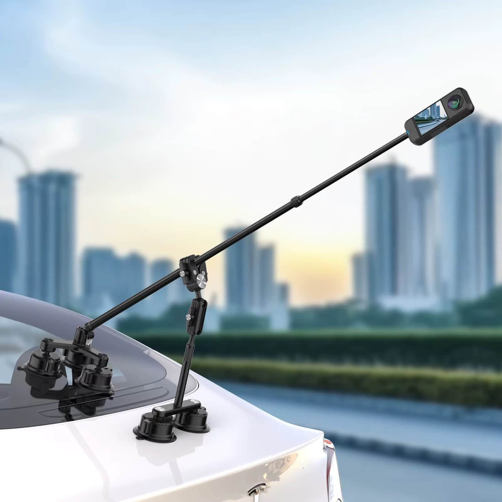 طقم حامل الشفط (Suction Mount) وعصا السيلفي للسيارات والكاميرات
تم تصميم هذا الطقم المتطور لتثبيت كاميرات الأكشن و 360 (مثل Insta360 و GoPro) على السيارة التقاط زوايا سينمائية استثنائية وبثبات تام.
✨ أبرز المميزات:
 ثبات فائق وممتص للصدمات: يحتوي على قاعدتي شفط قويتين (قاعدة ثلاثية ممتصة للاهتزاز وقاعدة ثنائية) للتثبيت المحكم على الزجاج أو هيكل السيارة.
 عصا سيلفي تلسكوبية (1.2 متر): مصنوعة من سبائك الألومنيوم المقوى لإخفاء العصا في تصوير 360 درجة.
 جودة تصنيع عالية: جميع الوصلات والمشابك مصنوعة من الألومنيوم المتين (Aluminum Alloy) لتحمل السرعات والظروف المختلفة.
 حرية التعديل 360 درجة: مفاصل كروية (Ball heads) لمختلف الزوايا للتصوير بسهولة.
📦 محتويات المجموعة:
 1× قاعدة شفط ثلاثية ممتصة للاهتزاز (Shock absorber three suction cup base)
 1× قاعدة شفط ثنائية (Double suction cup base)
 1× عصا سيلفي ألومنيوم تلسكوبية (1.2 متر)
 1× وصلة تمديد ألومنيوم (120 مم)
 1× محول كاميرا (Camera adapter)
 1× مجموعة مشابك ومفاصل كروية (Ball clamp, Pipe clamp, Gimbal)
 وصلات براغي قياسية 1/4 بوصة لتوافق شامل مع الكاميرات
📩 للطلب والاستفسار، يرجى التواصل معنا عبر الرسائل!

***********📞☎️

نص مكتوب في الصور:
- Multiple styles to match
- Multi scenario installationEngine hood, side windows, roof, rear of the car First perspective follow-up shooting
- Adopting shock-absorbing structure Can effectively reduce camera shake caused by bumps Shock absorber Camera shake Stable and unshakable
- Product list Shock absorber three suction cup base * 1 Double suction cup base * 1 1.2m aluminum alloy telescopic selfie stick * 1 120mm aluminum alloy extension rod * 1 Camera adapter * 1 Aluminum alloy ball clamp * 1 Aluminum alloy pipe clamp * 1 Aluminum alloy gimbal * 1 Bottom 1/4 screw ball head * 1 Top 1/4 screw ball head * 1