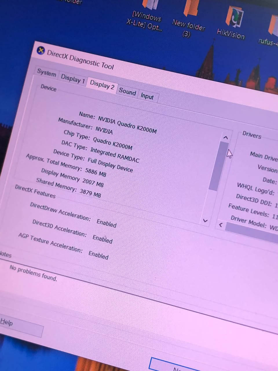 لابتوب جيل4 يرهم للدراسة والالعاب البسيطة
كرت شاشة خارجي منفصل Quadro 2G
معالج  core i7 QM من الجيل الرابع
رام 8 قابل للزيادة 
هارد 256 ssd+hdd2T 
شحن اكثر من ساعة 
ملحقات شاحنة وجنطة +ماوس ويكبورد 
المكان :موصل/ايسر/حي فلسطين

نص مكتوب في الصور:
- DirectX Diagnostic Tool
- Display 1
- Display 2
- Sound
- Input
- al reports detailed information about the DirectX components and drivers installed on your system.
- ow what area is causing the problem, click the appropriate tab above. Otherwise, you can use the "Ne
- page in sequence.
- formation
- Current Date/Time: 22 ص ١١:٤٢:٣٧ ، ٢٠٢٦ أيلول،
- Computer Name: DESKTOP-ULRFMEQ
- Operating System: Windows 10 Pro 64-bit (10.0, Build 19045)
- Language: العربية (Regional Setting: العربية)
- System Manufacturer: LENOVO
- System Model: 24474J4
- BIOS: Phoenix BIOS SC-T v2.2
- Processor: Intel(R) Core(TM) i7-3840QM CPU @ 2.80GHz (8 CPUs), ~2.8GI
- Memory: 8192MB RAM
- Page file: 3875MB used, 5099MB available
- DirectX Version: DirectX 12
- L digital signatures
- DxDiag 10.00.19041.5794 64-bit Unicode Copyright © Microsoft. A
- Next Page
- Save All Informa
- [Windows X-Lite] Opt... New folder (3) HikVision rufus-4 DirectX Diagnostic Tool System Display 1 Display 2 Sound Input Device Name: NVIDIA Quadro K2000M Manufacturer: NVIDIA Chip Type: Quadro K2000M DAC Type: Integrated RAMDAC Device Type: Full Display Device Approx. Total Memory: 5886 MB Display Memory: 2007 MB Shared Memory: 3879 MB DirectX Features DirectDraw Acceleration: Enabled Direct3D Acceleration: Enabled AGP Texture Acceleration: Enabled Notes No problems found. Help
- Computer Management File Action View Help Computer Management (Local) System Tools Task Scheduler Event Viewer Shared Folders Local Users and Groups Performance Device Manager ge sk Management s and Applications Volume Layout Type File System Status (C:) Simple Basic NTFS Healthy (Boot, Page File, Cra (E:) Simple Basic NTFS Healthy (Basic Data Partition (Disk 1 partition 3) Simple Basic Healthy (Recovery Partition) System-reserviert Simple Basic NTFS Healthy (System, Active, Prima Disk 0 Basic 1863.02 GB Online (E:) 1863.02 GB NTFS Healthy (Basic Data Partition) Disk 1 Basic 119.24 GB Online System-r 50 MB NT Healthy (S (C:) 118.55 GB NTFS Healthy (Boot, Page File, Crash Dum 650 MB Healthy (Recovery Unallocated Primary partition